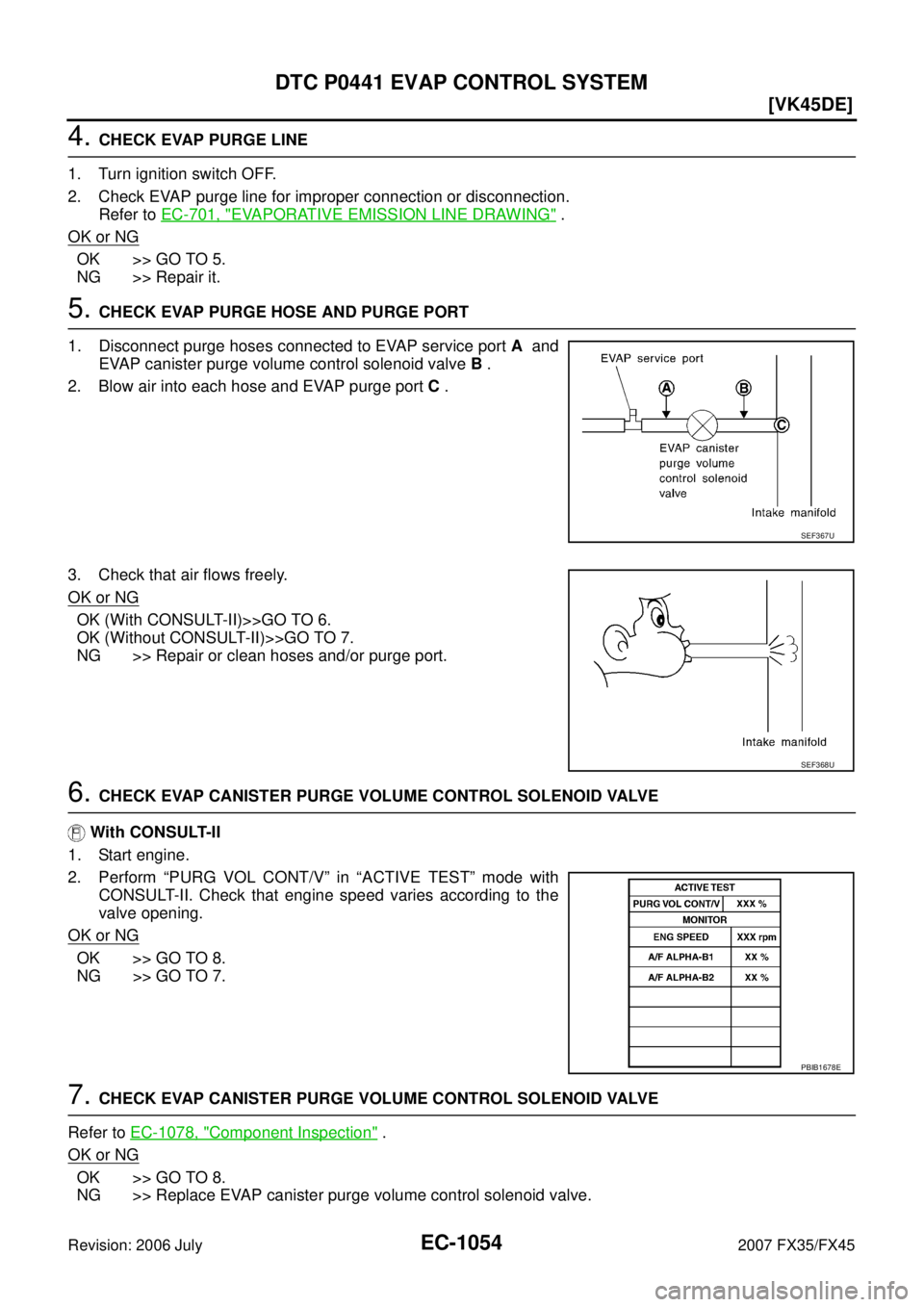 INFINITI FX35 2007  Service Manual EC-1054
[VK45DE]
DTC P0441 EVAP CONTROL SYSTEM
Revision: 2006 July 2007 FX35/FX45
4. CHECK EVAP PURGE LINE 
1. Turn ignition switch OFF. 
2. Check EVAP purge line for improper connection or disconnect