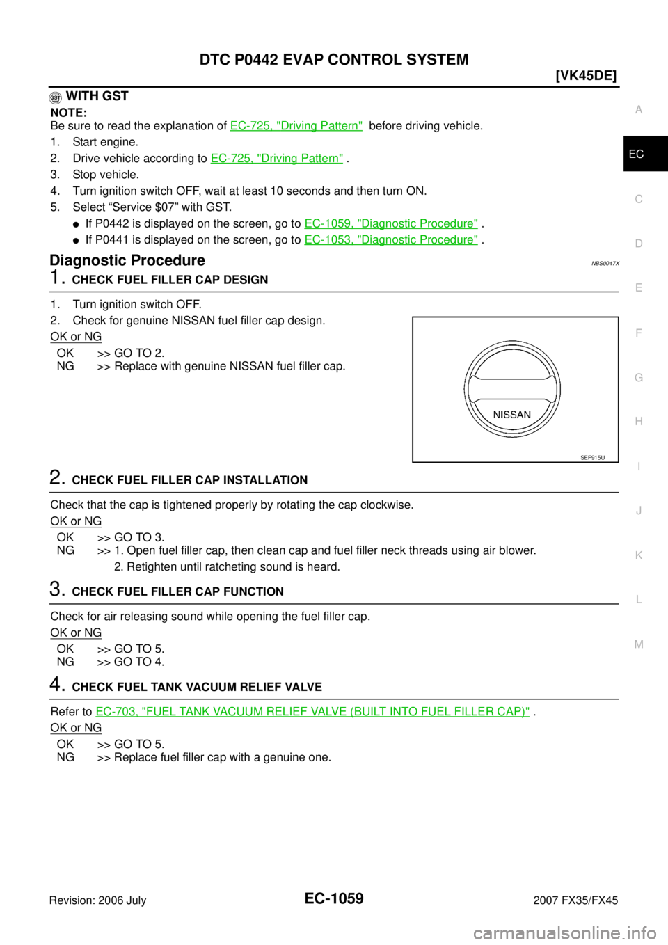 INFINITI FX35 2007  Service Manual DTC P0442 EVAP CONTROL SYSTEM EC-1059
[VK45DE]
C 
D  E 
F 
G  H 
I 
J 
K  L 
M  A
EC 
Revision: 2006 July  2007 FX35/FX45
 WITH GST
NOTE: 
Be sure to read the explanation of   EC-725, "
Driving Patter