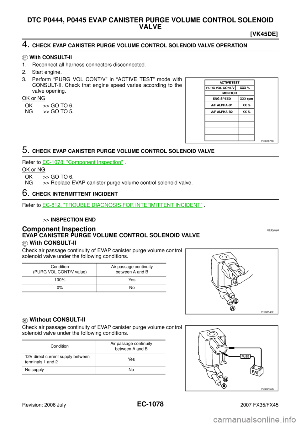 INFINITI FX35 2007  Service Manual EC-1078
[VK45DE]
DTC P0444, P0445 EVAP CANISTER PURGE VOLUME CONTROL SOLENOID  VALVE
Revision: 2006 July  2007 FX35/FX45
4. CHECK EVAP CANISTER PURGE VOLUME CONTROL SOLENOID VALVE OPERATION 
   With C