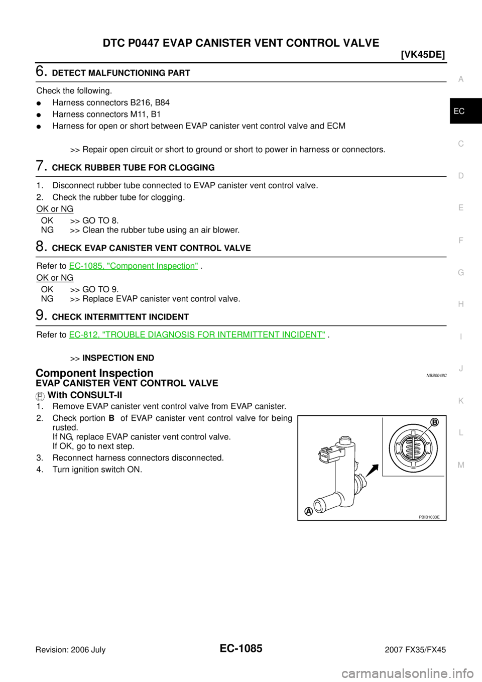 INFINITI FX35 2007  Service Manual DTC P0447 EVAP CANISTER VENT CONTROL VALVE EC-1085
[VK45DE]
C 
D  E 
F 
G  H 
I 
J 
K  L 
M  A
EC 
Revision: 2006 July  2007 FX35/FX45
6. DETECT MALFUNCTIONING PART 
Check the following.
Harness conn