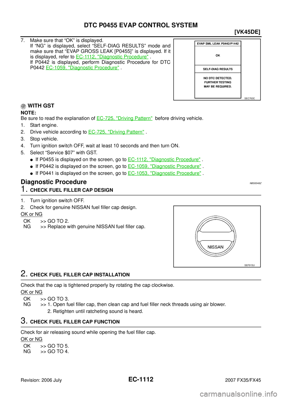 INFINITI FX35 2007  Service Manual EC-1112
[VK45DE]
DTC P0455 EVAP CONTROL SYSTEM
Revision: 2006 July 2007 FX35/FX45
7. Make sure that “OK” is displayed. 
If “NG” is displayed, select “SELF-DIAG RESULTS” mode and
make sure 
