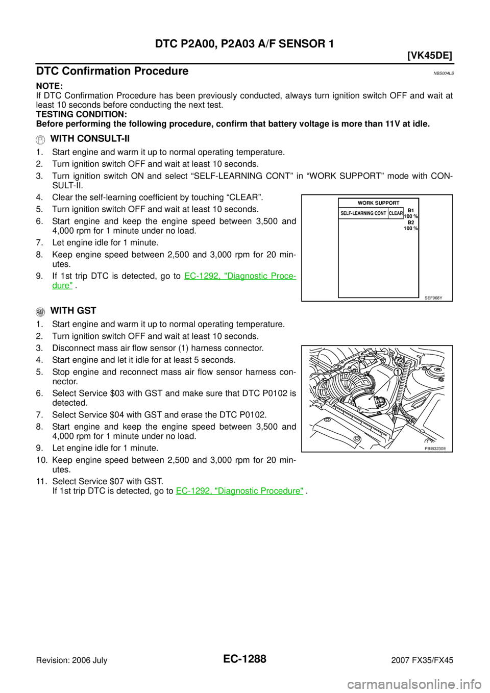 INFINITI FX35 2007  Service Manual EC-1288
[VK45DE]
DTC P2A00, P2A03 A/F SENSOR 1
Revision: 2006 July 2007 FX35/FX45
DTC Confirmation ProcedureNBS004LS
NOTE: 
If DTC Confirmation Procedure has been previously conducted, always turn ign