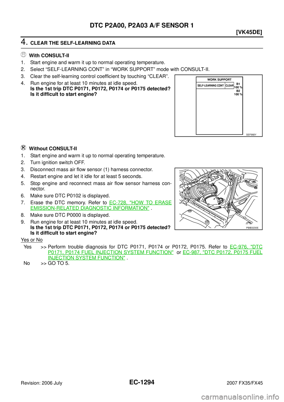INFINITI FX35 2007  Service Manual EC-1294
[VK45DE]
DTC P2A00, P2A03 A/F SENSOR 1
Revision: 2006 July 2007 FX35/FX45
4. CLEAR THE SELF-LEARNING DATA 
   With CONSULT-II 
1. Start engine and warm it up to normal operating temperature. 
