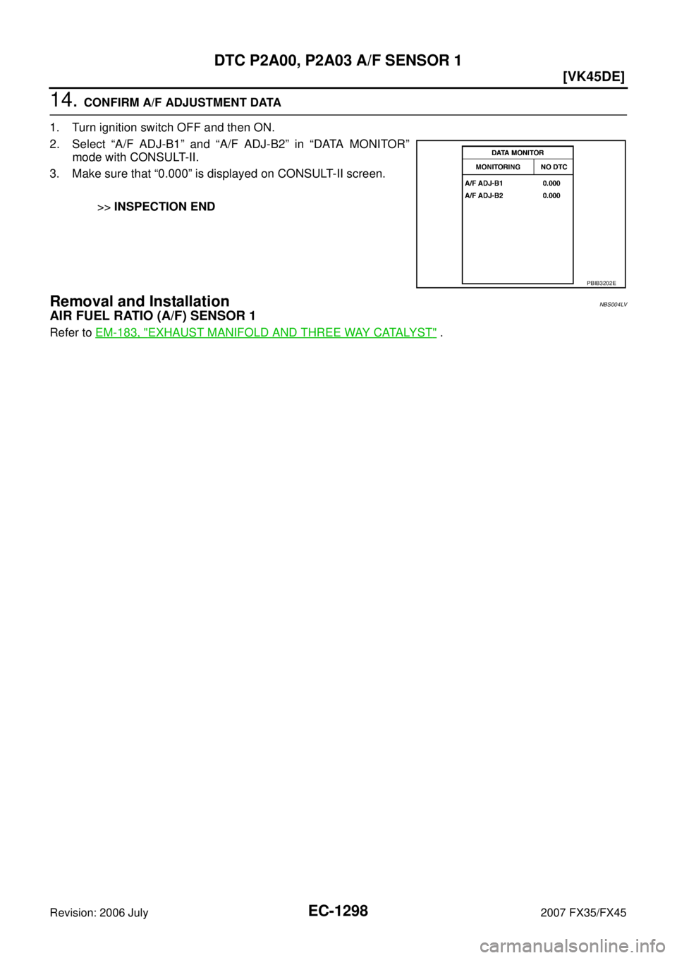 INFINITI FX35 2007  Service Manual EC-1298
[VK45DE]
DTC P2A00, P2A03 A/F SENSOR 1
Revision: 2006 July 2007 FX35/FX45
14. CONFIRM A/F ADJUSTMENT DATA 
1. Turn ignition switch OFF and then ON. 
2. Select “A/F ADJ-B1” and “A/F ADJ-B
