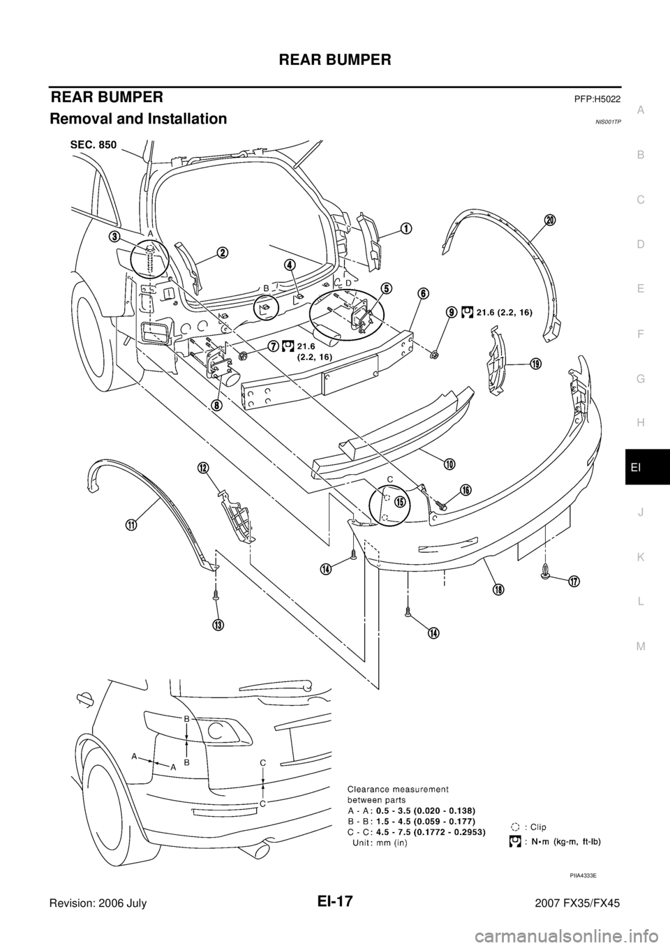 INFINITI FX35 2007  Service Manual REAR BUMPER EI-17
C 
D  E 
F 
G  H 
J 
K  L 
M  A 
B
EI 
Revision: 2006 July  2007 FX35/FX45
REAR BUMPERPFP:H5022
Removal and InstallationNIS001TP
PIIA4333E 