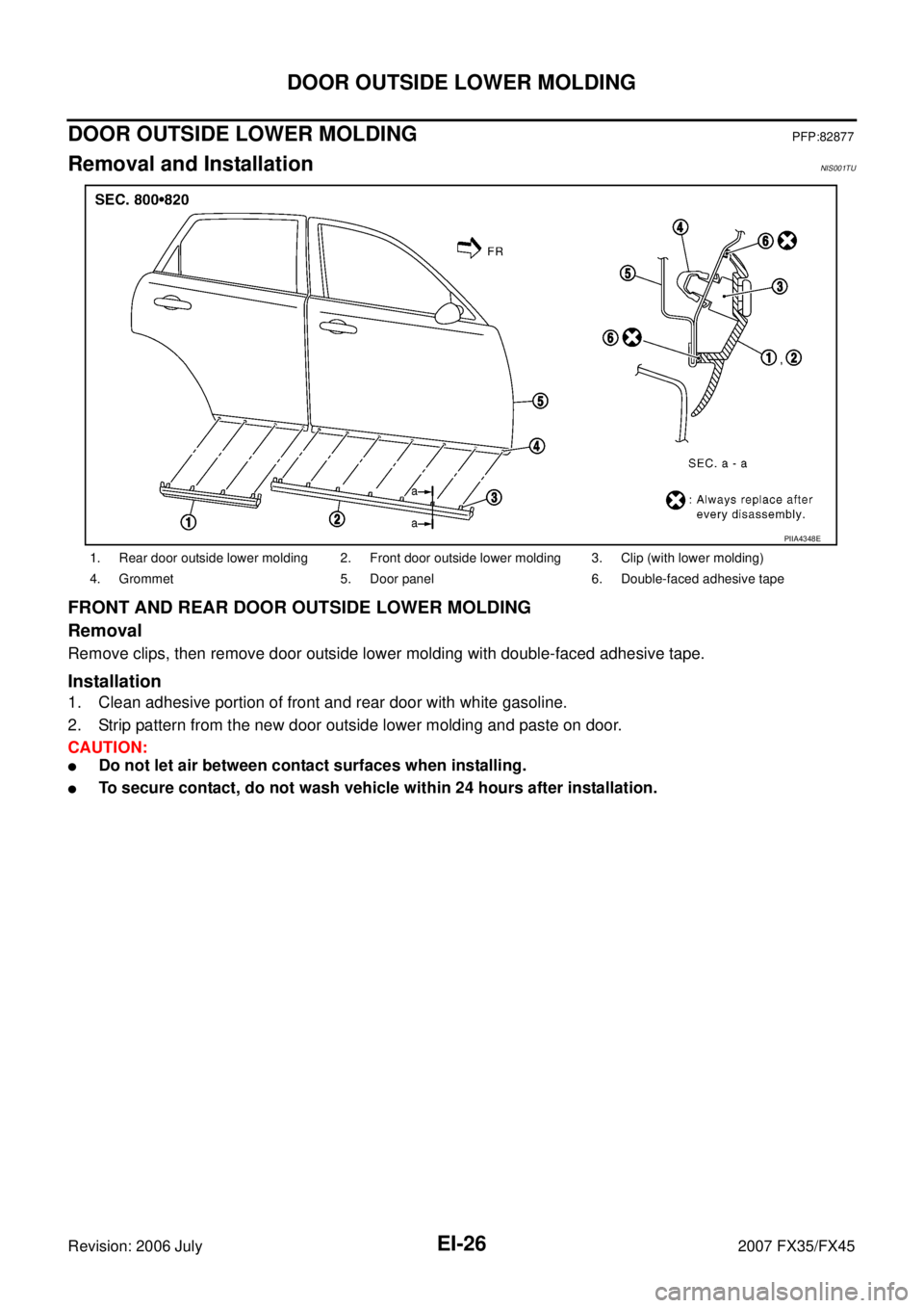 INFINITI FX35 2007  Service Manual EI-26
DOOR OUTSIDE LOWER MOLDING
Revision: 2006 July 2007 FX35/FX45
DOOR OUTSIDE LOWER MOLDINGPFP:82877
Removal and InstallationNIS001TU
FRONT AND REAR DOOR OUTSIDE LOWER MOLDING 
Removal
Remove clips
