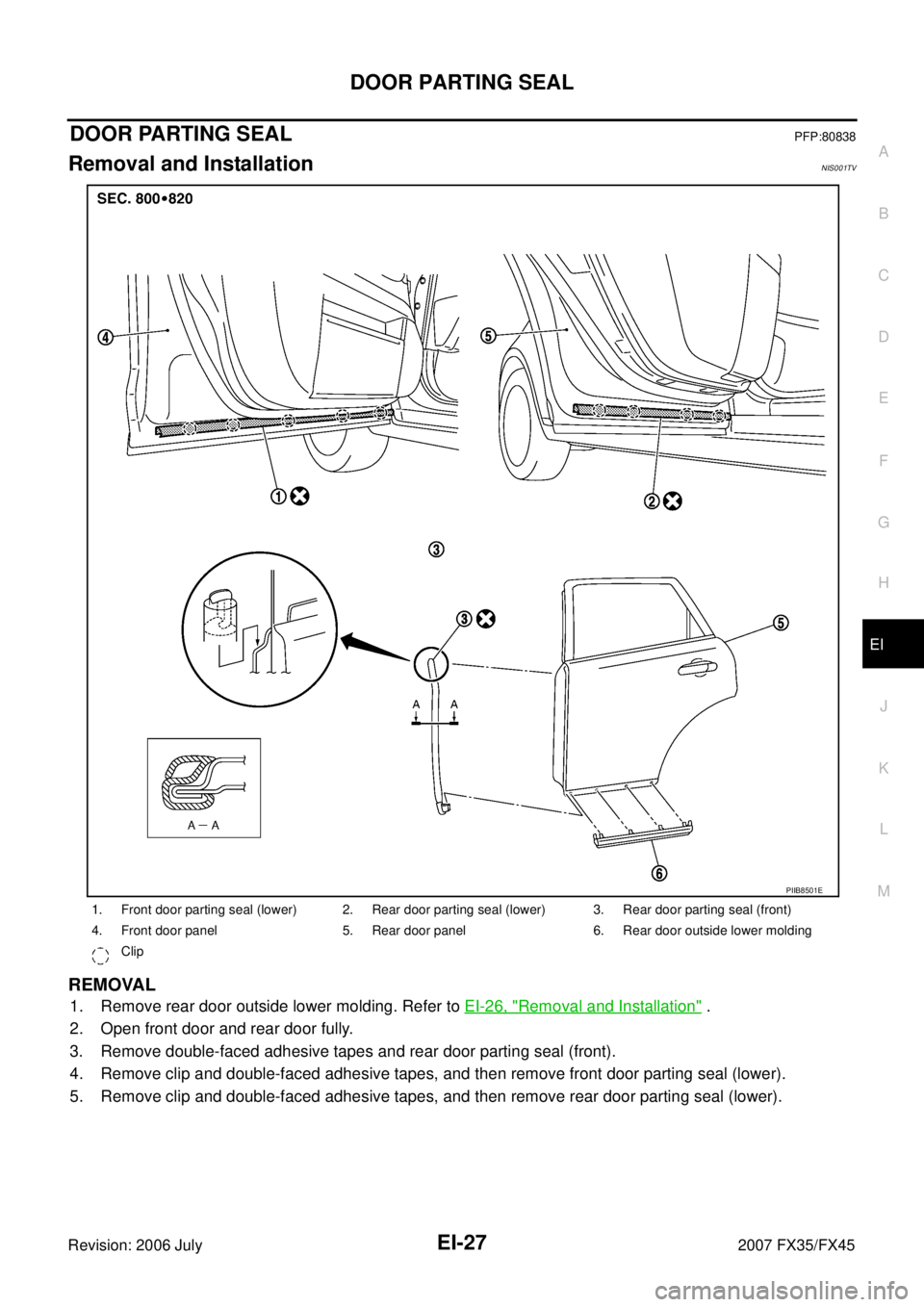 INFINITI FX35 2007  Service Manual DOOR PARTING SEAL EI-27
C 
D  E 
F 
G  H 
J 
K  L 
M  A 
B
EI 
Revision: 2006 July  2007 FX35/FX45
DOOR PARTING SEALPFP:80838
Removal and InstallationNIS001TV
REMOVAL
1. Remove rear door outside lower
