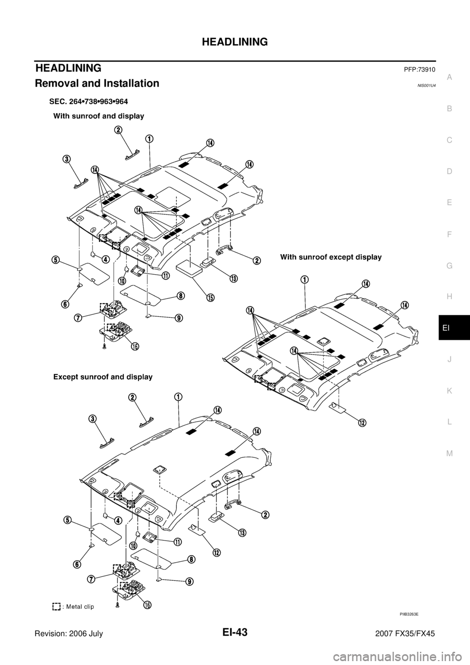 INFINITI FX35 2007  Service Manual HEADLINING EI-43
C 
D  E 
F 
G  H 
J 
K  L 
M  A 
B
EI 
Revision: 2006 July  2007 FX35/FX45
HEADLININGPFP:73910
Removal and InstallationNIS001U4
PIIB3263E 