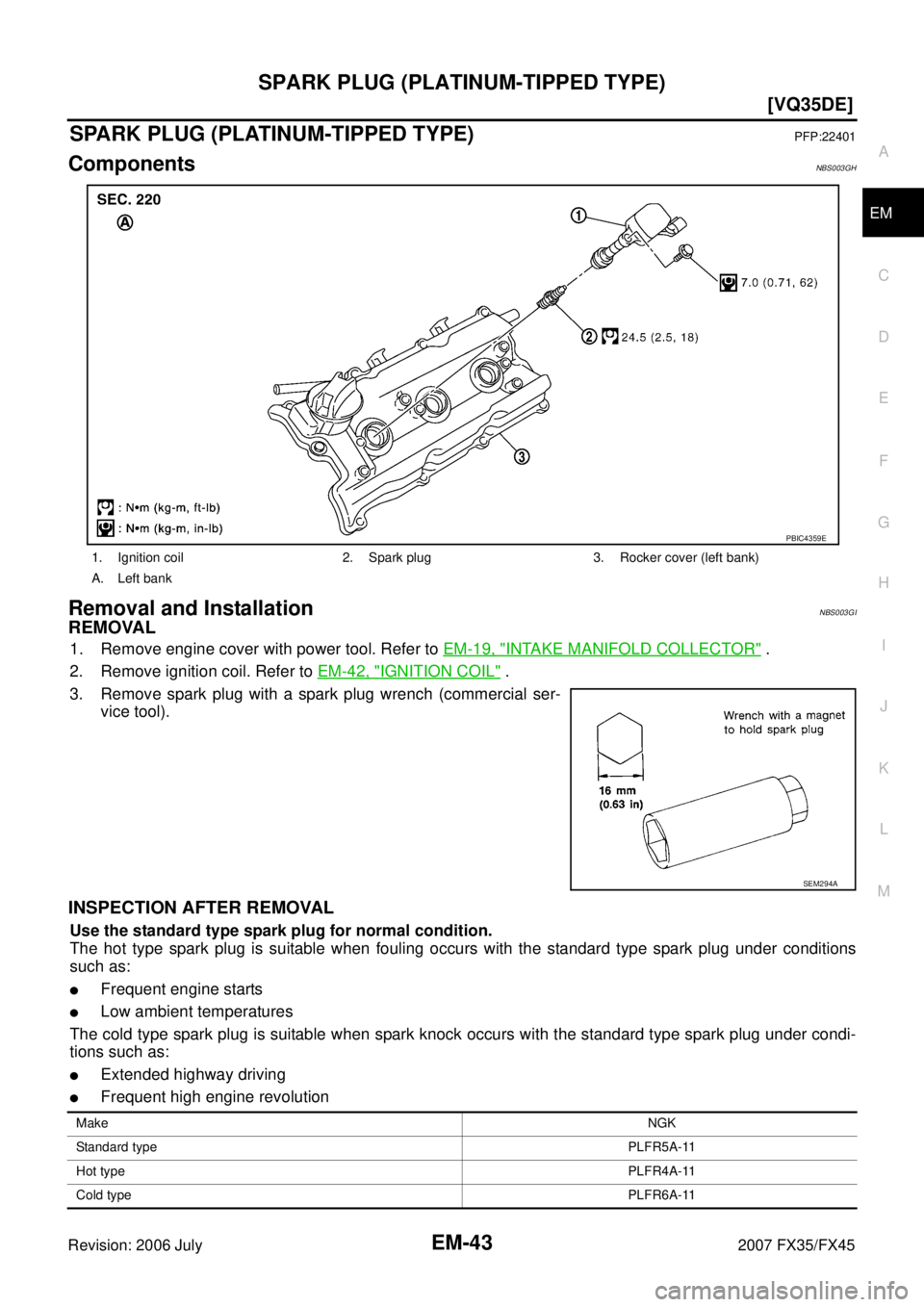 INFINITI FX35 2007  Service Manual SPARK PLUG (PLATINUM-TIPPED TYPE) EM-43
[VQ35DE]
C 
D  E 
F 
G  H 
I 
J 
K  L 
M  A
EM 
Revision: 2006 July  2007 FX35/FX45
SPARK PLUG (PLATINUM-TIPPED TYPE)PFP:22401
ComponentsNBS003GH
Removal and In