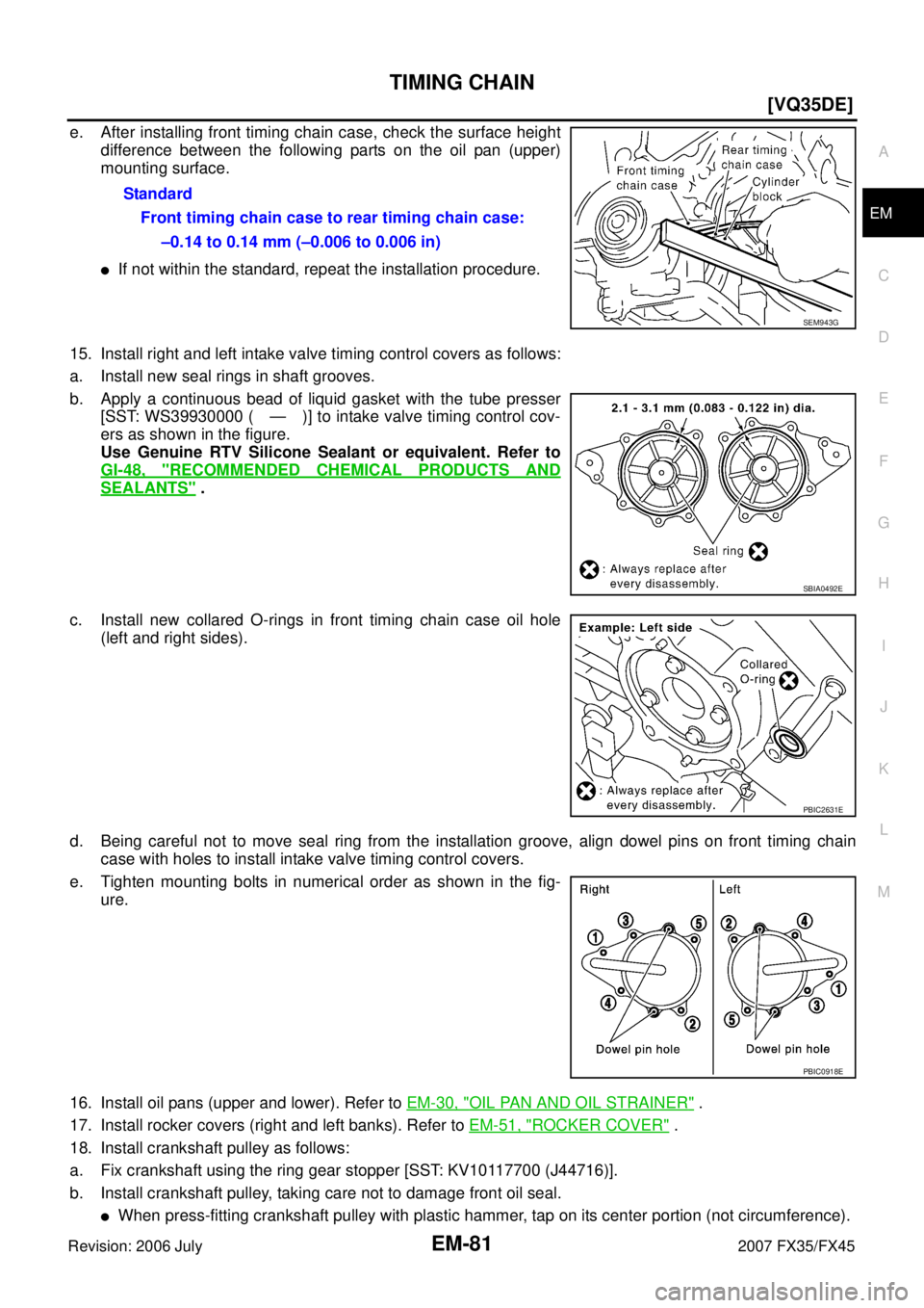 INFINITI FX35 2007  Service Manual TIMING CHAIN EM-81
[VQ35DE]
C 
D  E 
F 
G  H 
I 
J 
K  L 
M  A
EM 
Revision: 2006 July  2007 FX35/FX45
e. After installing front timing chain case, check the surface height 
difference between the fol