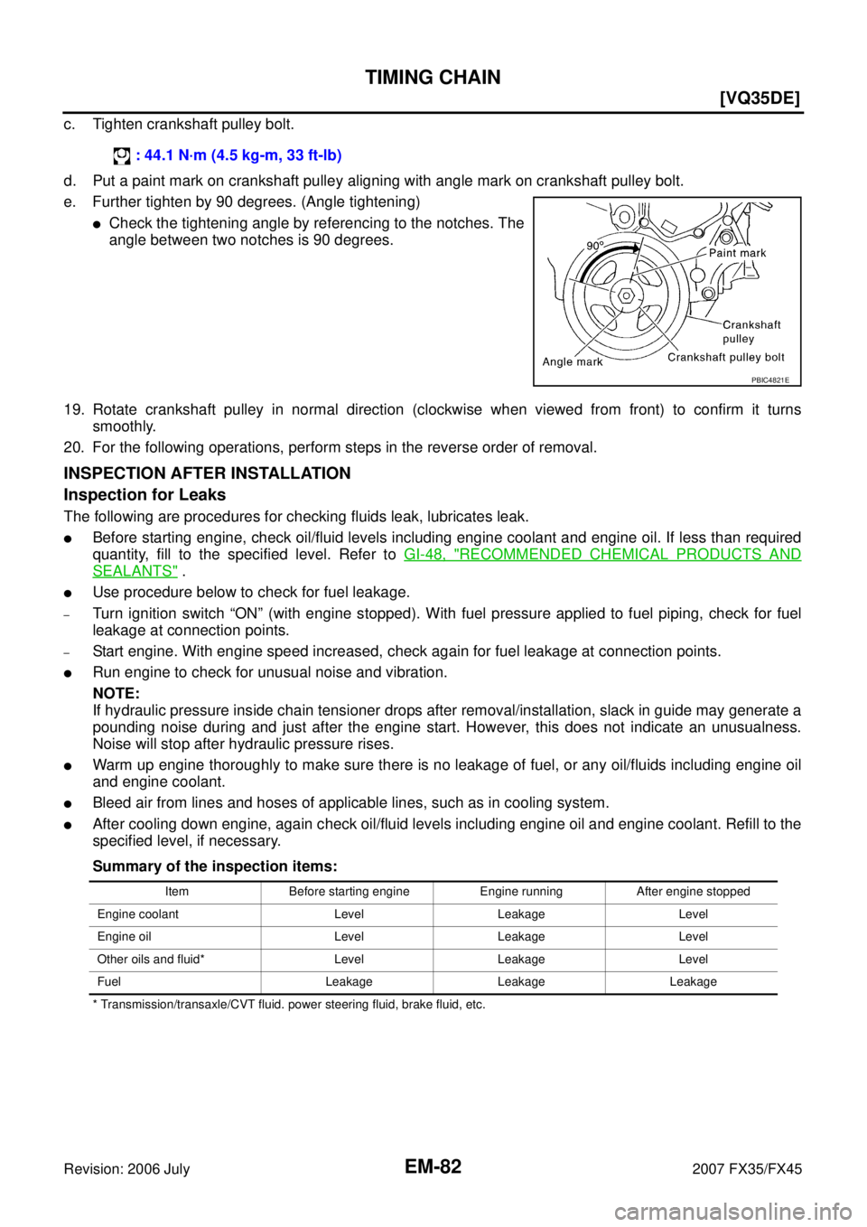 INFINITI FX35 2007  Service Manual EM-82
[VQ35DE]
TIMING CHAIN
Revision: 2006 July 2007 FX35/FX45
c. Tighten crankshaft pulley bolt. 
d. Put a paint mark on crankshaft pulley aligning with angle mark on crankshaft pulley bolt.  
e. Fur