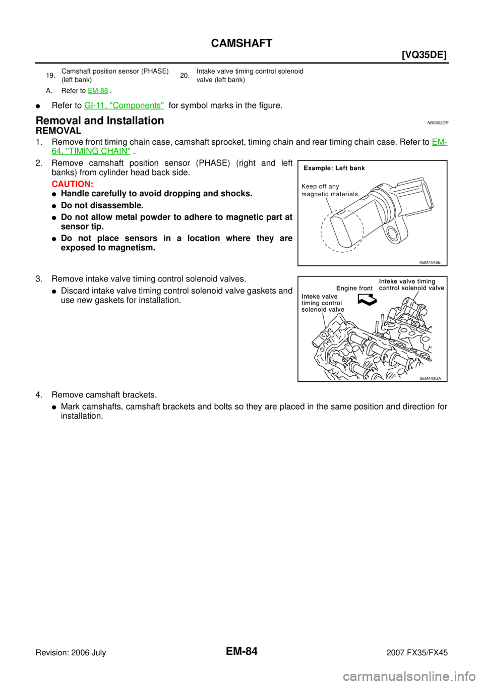 INFINITI FX35 2007  Service Manual EM-84
[VQ35DE]
CAMSHAFT
Revision: 2006 July 2007 FX35/FX45
Refer to GI-11, "Components"  for symbol marks in the figure.
Removal and InstallationNBS003GR
REMOVAL
1. Remove front timing chain case, ca