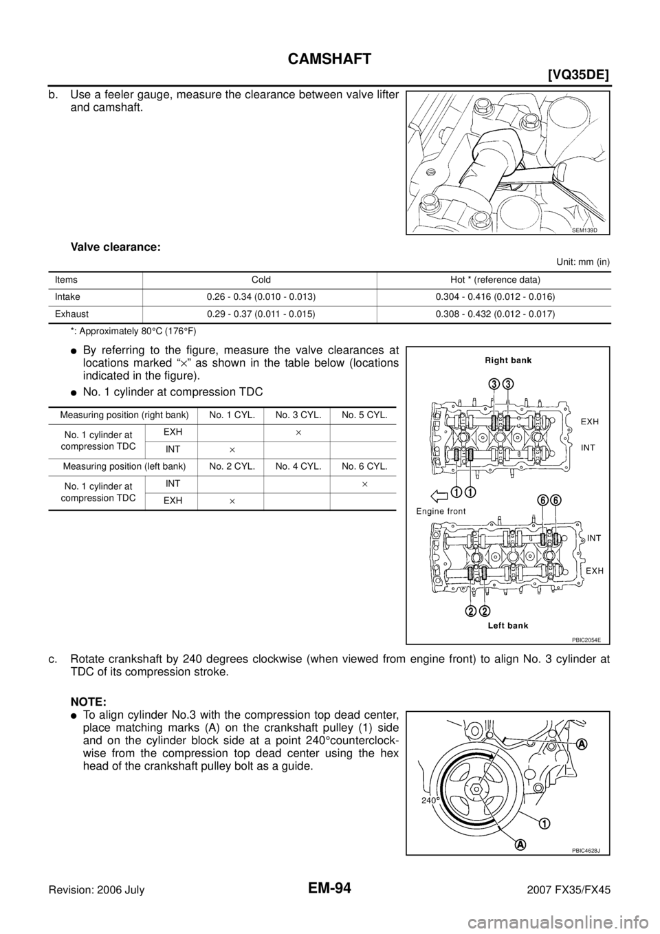 INFINITI FX35 2007  Service Manual EM-94
[VQ35DE]
CAMSHAFT
Revision: 2006 July 2007 FX35/FX45
b. Use a feeler gauge, measure the clearance between valve lifter 
and camshaft. 
Valve clearance:
Unit: mm (in) 
*: Approximately 80  °C (1
