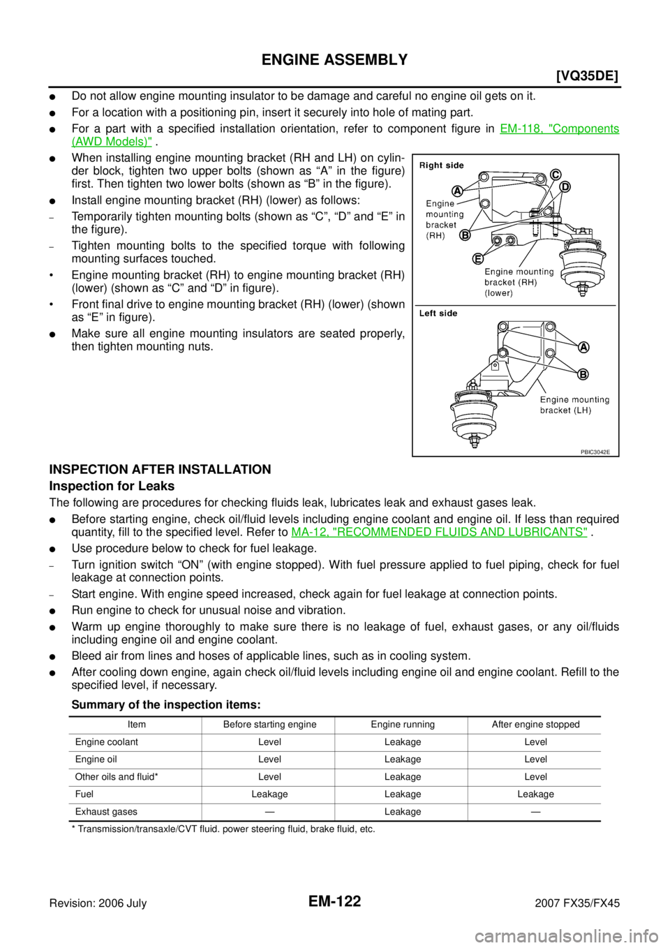 INFINITI FX35 2007  Service Manual EM-122
[VQ35DE]
ENGINE ASSEMBLY
Revision: 2006 July 2007 FX35/FX45
Do not allow engine mounting insulator to be damage and careful no engine oil gets on it.
For a location with a positioning pin, in
