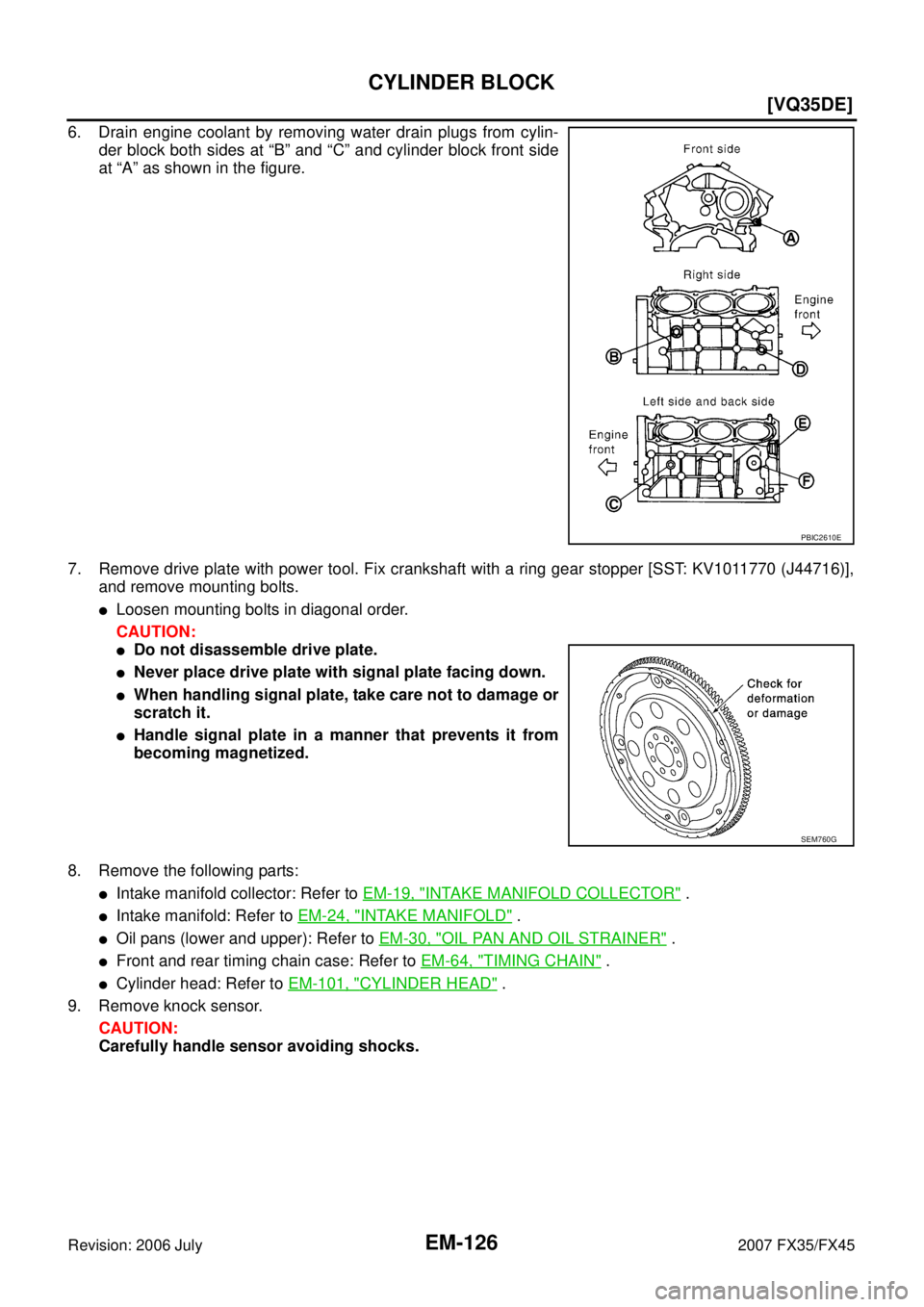 INFINITI FX35 2007  Service Manual EM-126
[VQ35DE]
CYLINDER BLOCK
Revision: 2006 July 2007 FX35/FX45
6. Drain engine coolant by removing water drain plugs from cylin- 
der block both sides at “B” and “C” and cylinder block fron