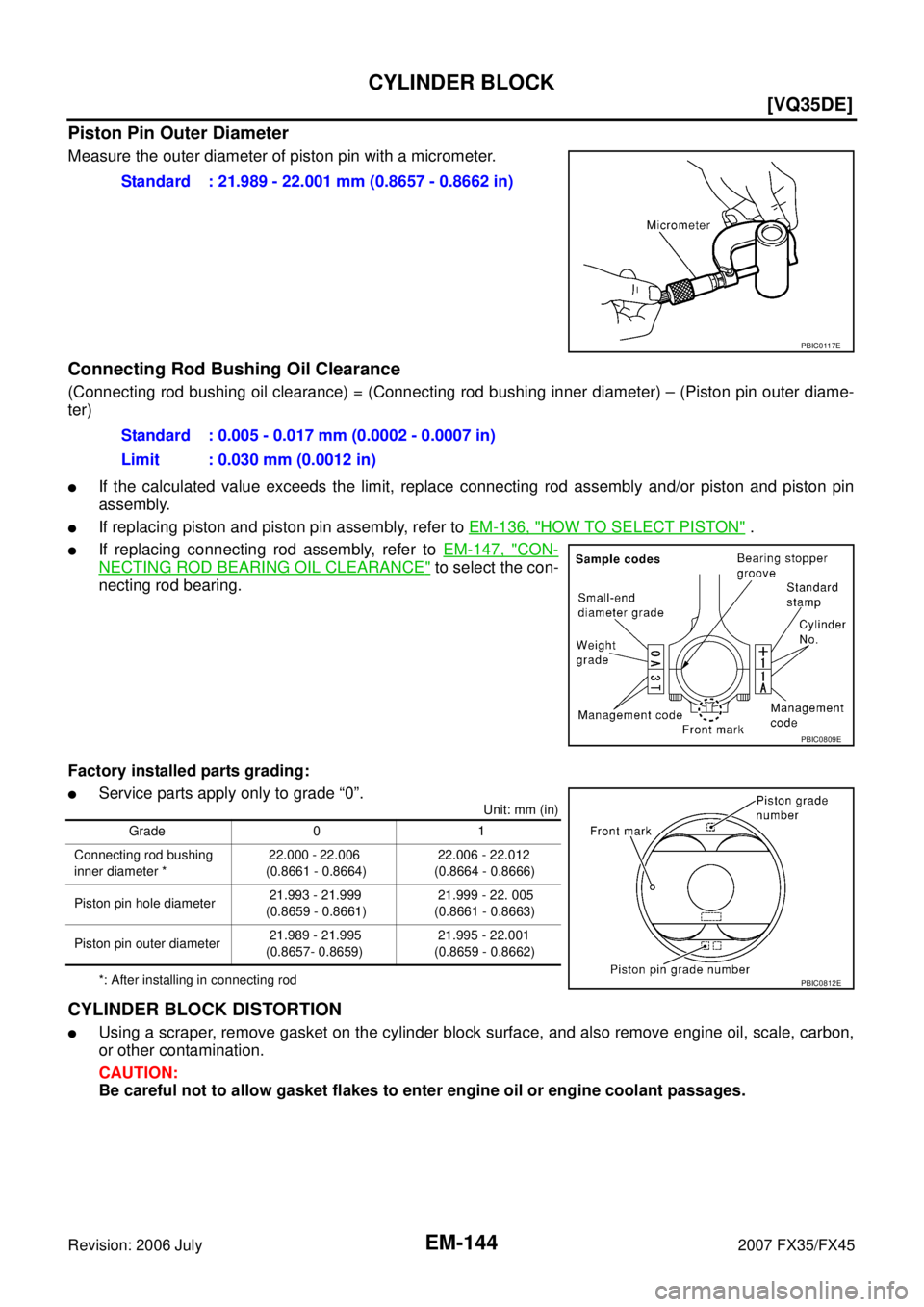 INFINITI FX35 2007  Service Manual EM-144
[VQ35DE]
CYLINDER BLOCK
Revision: 2006 July 2007 FX35/FX45
Piston Pin Outer Diameter
Measure the outer diameter of piston pin with a micrometer.
Connecting Rod Bushing Oil Clearance
(Connecting
