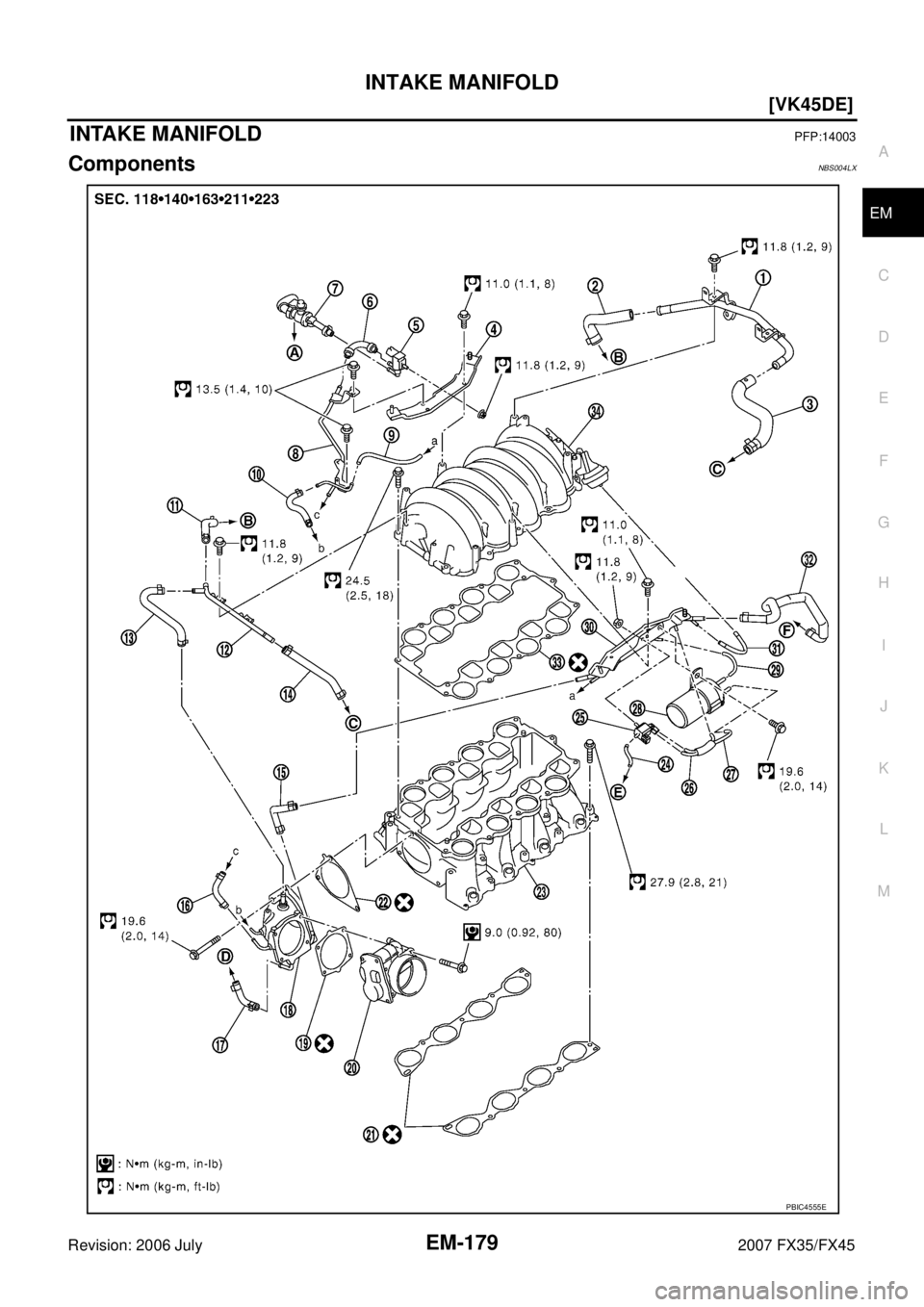 INFINITI FX35 2007  Service Manual INTAKE MANIFOLD EM-179
[VK45DE]
C 
D  E 
F 
G  H 
I 
J 
K  L 
M  A
EM 
Revision: 2006 July  2007 FX35/FX45
INTAKE MANIFOLDPFP:14003
ComponentsNBS004LX
PBIC4555E 
