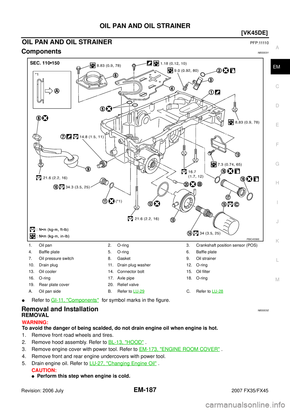 INFINITI FX35 2007  Service Manual OIL PAN AND OIL STRAINER EM-187
[VK45DE]
C 
D  E 
F 
G  H 
I 
J 
K  L 
M  A
EM 
Revision: 2006 July  2007 FX35/FX45
OIL PAN AND OIL STRAINERP F P : 1111 0
ComponentsNBS003I1
Refer to GI-11, "Componen