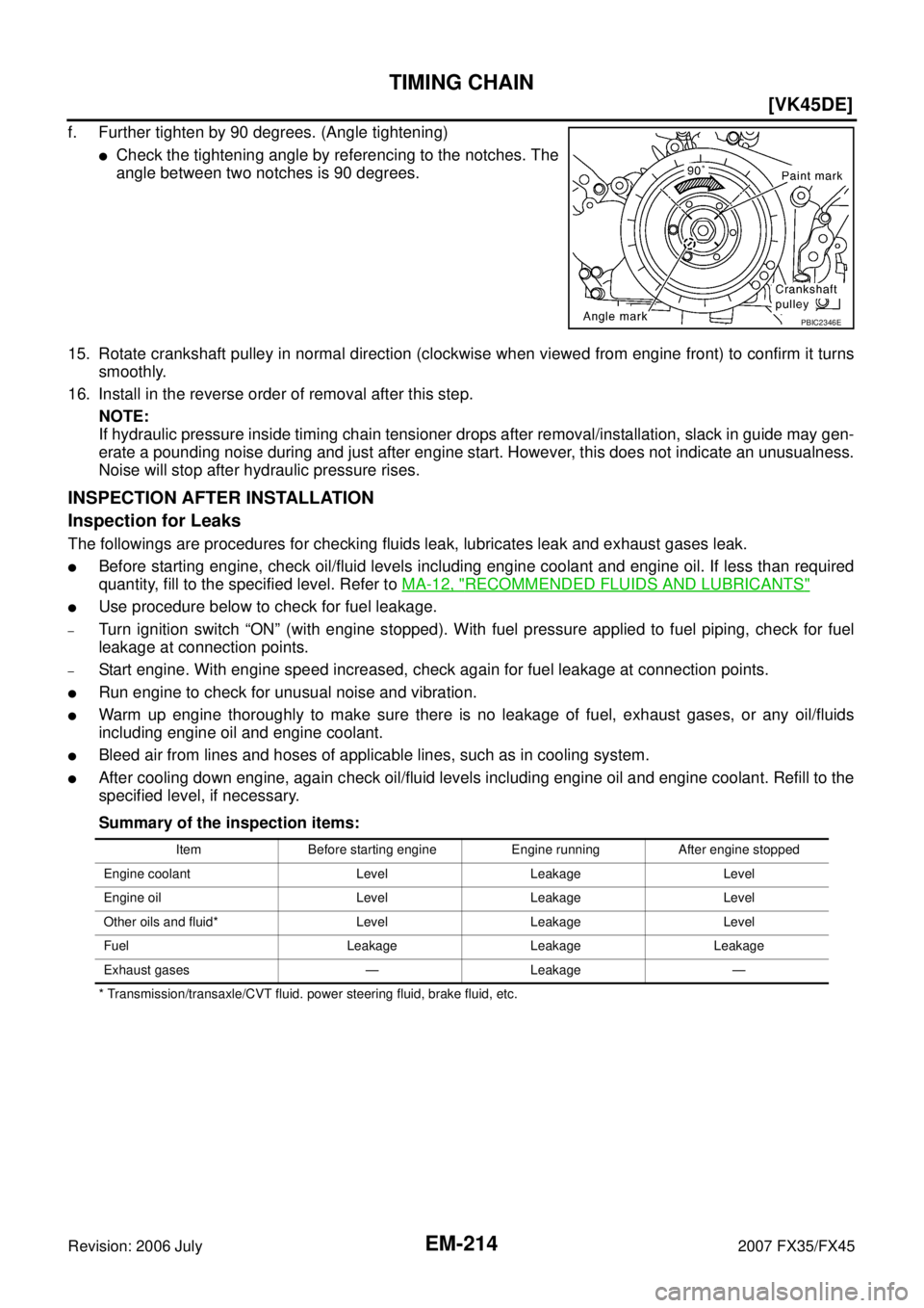 INFINITI FX35 2007  Service Manual EM-214
[VK45DE]
TIMING CHAIN
Revision: 2006 July 2007 FX35/FX45
f. Further tighten by 90 degrees. (Angle tightening)
Check the tightening angle by referencing to the notches. The 
angle between two n
