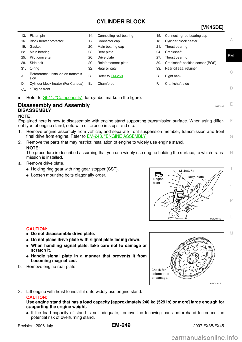 INFINITI FX35 2007  Service Manual CYLINDER BLOCK EM-249
[VK45DE]
C 
D  E 
F 
G  H 
I 
J 
K  L 
M  A
EM 
Revision: 2006 July  2007 FX35/FX45
Refer to GI-11, "Components"  for symbol marks in the figure.
Disassembly and AssemblyNBS003I