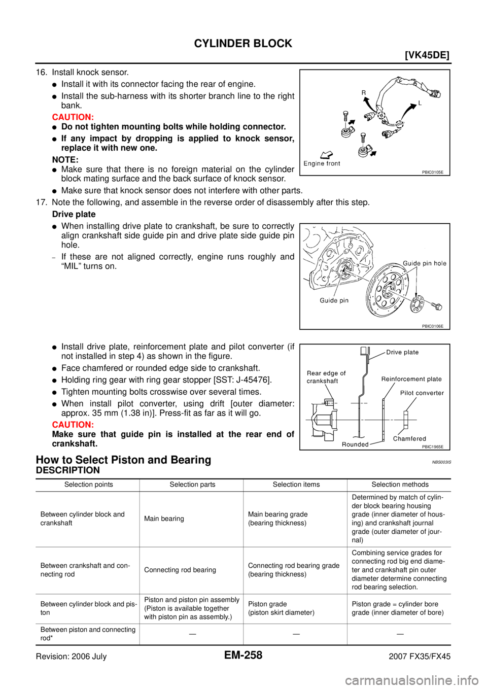 INFINITI FX35 2007  Service Manual EM-258
[VK45DE]
CYLINDER BLOCK
Revision: 2006 July 2007 FX35/FX45
16. Install knock sensor.
Install it with its connector facing the rear of engine. 
Install the sub-harness with its shorter branch 