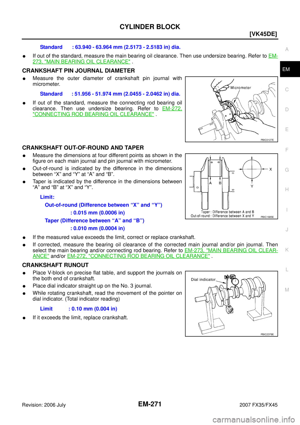 INFINITI FX35 2007  Service Manual CYLINDER BLOCK EM-271
[VK45DE]
C 
D  E 
F 
G  H 
I 
J 
K  L 
M  A
EM 
Revision: 2006 July  2007 FX35/FX45
If out of the standard, measure the main bearing oil clearance. Then use undersize bearing. R