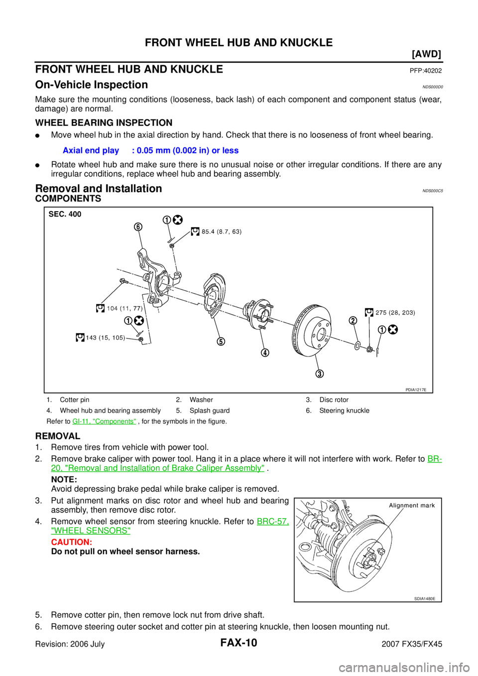 INFINITI FX35 2007  Service Manual FAX-10
[AWD]
FRONT WHEEL HUB AND KNUCKLE
Revision: 2006 July 2007 FX35/FX45
FRONT WHEEL HUB AND KNUCKLEPFP:40202
On-Vehicle Inspection NDS000D0
Make sure the mounting conditions (looseness, back lash)