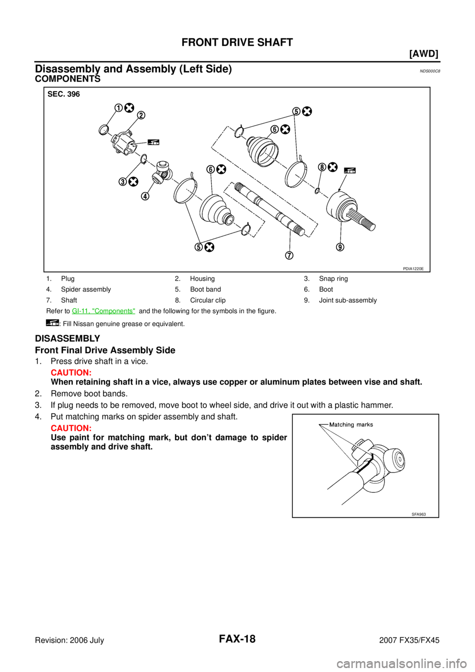 INFINITI FX35 2007  Service Manual FAX-18
[AWD]
FRONT DRIVE SHAFT
Revision: 2006 July 2007 FX35/FX45
Disassembly and Assembly (Left Side)NDS000C8
COMPONENTS 
DISASSEMBLY 
Front Final Drive Assembly Side
1. Press drive shaft in a vice. 
