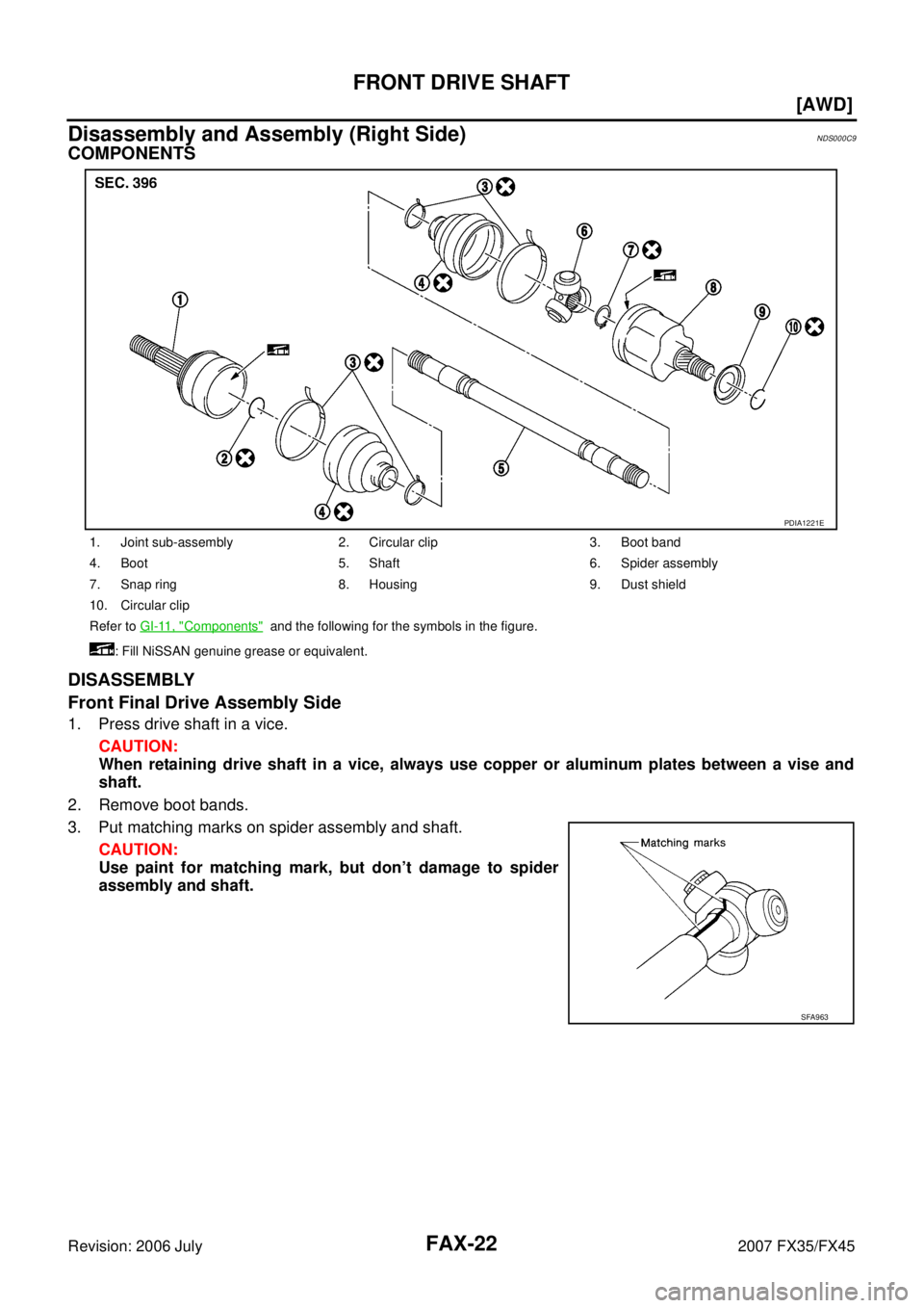 INFINITI FX35 2007  Service Manual FAX-22
[AWD]
FRONT DRIVE SHAFT
Revision: 2006 July 2007 FX35/FX45
Disassembly and Assembly (Right Side)NDS000C9
COMPONENTS 
DISASSEMBLY 
Front Final Drive Assembly Side
1. Press drive shaft in a vice.