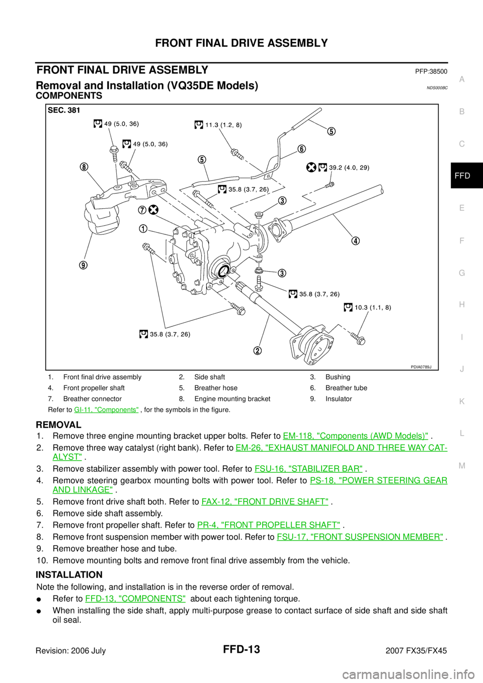 INFINITI FX35 2007 Service Manual FRONT FINAL DRIVE ASSEMBLY FFD-13
C E F
G H
I
J
K L
M A
B
FFD
Revision: 2006 July 2007 FX35/FX45
FRONT FINAL DRIVE ASSEMBLYPFP:38500
Removal and Installation (VQ35DE Models)NDS000BC
COMPON INFINITI FX35 2007 Service Manual FRONT FINAL DRIVE ASSEMBLY FFD-13
C E F
G H
I
J
K L
M A
B
FFD
Revision: 2006 July 2007 FX35/FX45
FRONT FINAL DRIVE ASSEMBLYPFP:38500
Removal and Installation (VQ35DE Models)NDS000BC
COMPON