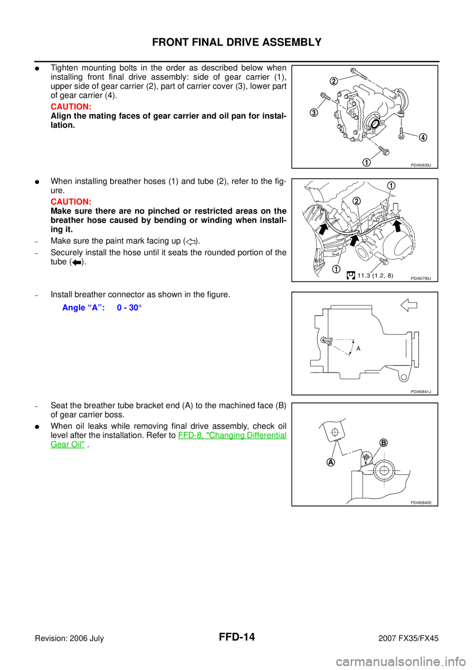 INFINITI FX35 2007 Service Manual FFD-14
FRONT FINAL DRIVE ASSEMBLY
Revision: 2006 July 2007 FX35/FX45
Tighten mounting bolts in the order as described below when
installing front final drive assembly: side of gear carrier (1),
uppe INFINITI FX35 2007 Service Manual FFD-14
FRONT FINAL DRIVE ASSEMBLY
Revision: 2006 July 2007 FX35/FX45
Tighten mounting bolts in the order as described below when
installing front final drive assembly: side of gear carrier (1),
uppe