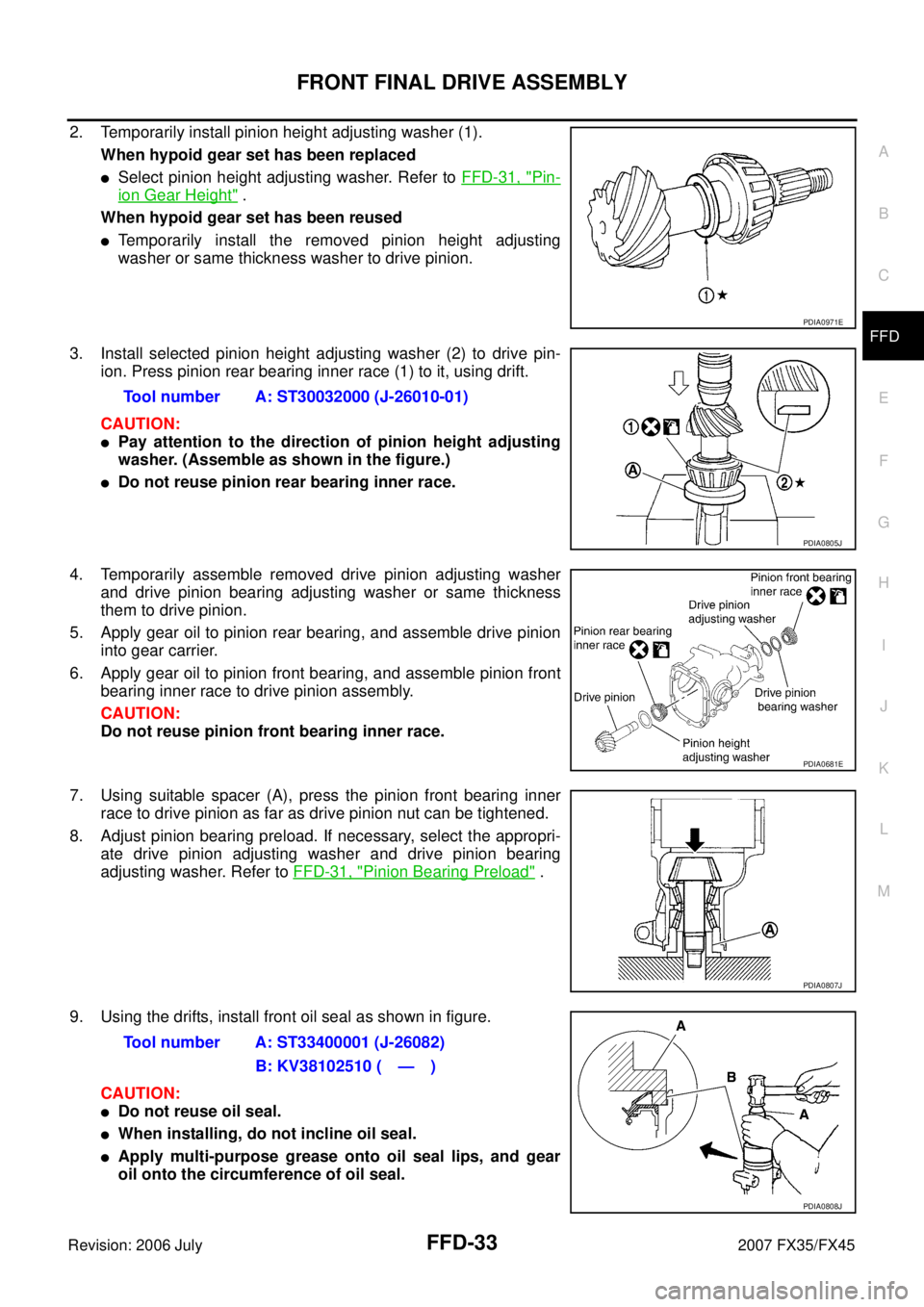 INFINITI FX35 2007 Service Manual FRONT FINAL DRIVE ASSEMBLY FFD-33
C E F
G H
I
J
K L
M A
B
FFD
Revision: 2006 July 2007 FX35/FX45
2. Temporarily install pinion height adjusting washer (1).
When hypoid gear set has been r INFINITI FX35 2007 Service Manual FRONT FINAL DRIVE ASSEMBLY FFD-33
C E F
G H
I
J
K L
M A
B
FFD
Revision: 2006 July 2007 FX35/FX45
2. Temporarily install pinion height adjusting washer (1).
When hypoid gear set has been r