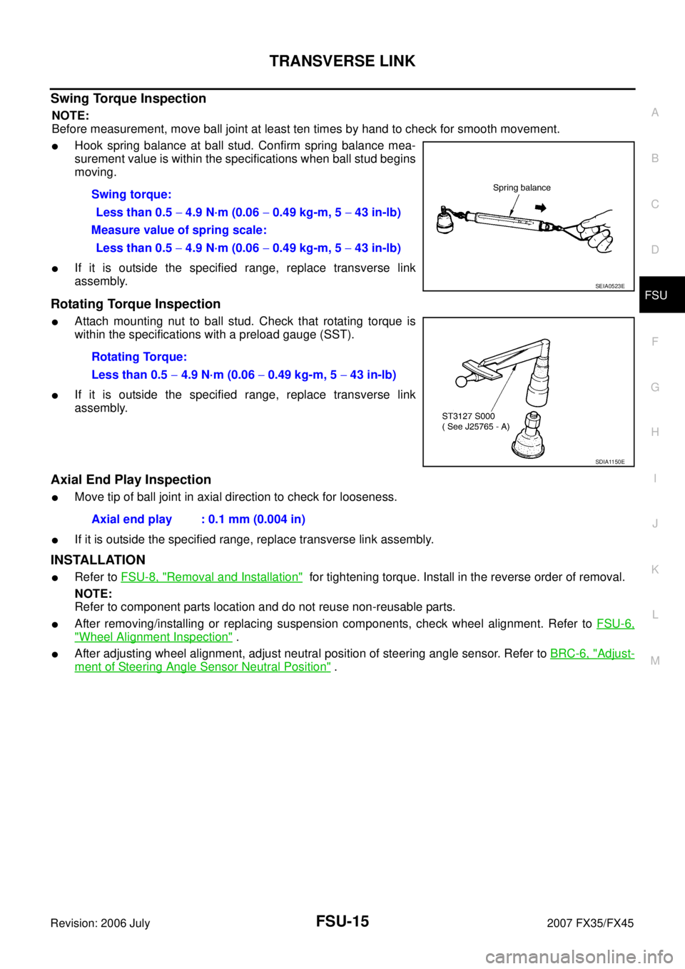 INFINITI FX35 2007 Service Manual TRANSVERSE LINK FSU-15
C
D
F
G H
I
J
K L
M A
B
FSU
Revision: 2006 July 2007 FX35/FX45
Swing Torque Inspection
NOTE:
Before measurement, move ball joint at least ten times by hand to chec INFINITI FX35 2007 Service Manual TRANSVERSE LINK FSU-15
C
D
F
G H
I
J
K L
M A
B
FSU
Revision: 2006 July 2007 FX35/FX45
Swing Torque Inspection
NOTE:
Before measurement, move ball joint at least ten times by hand to chec