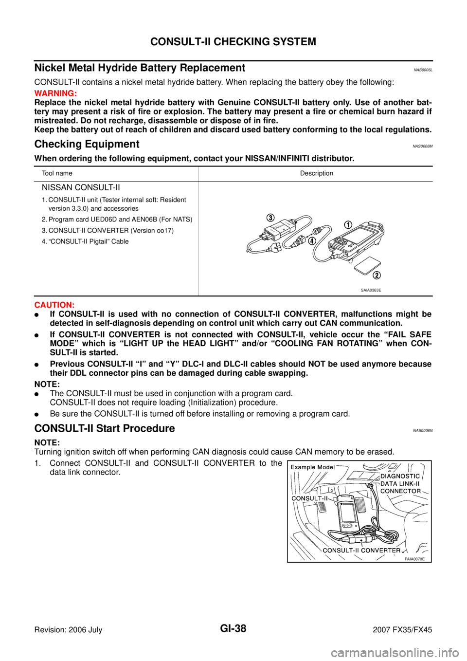 INFINITI FX35 2007  Service Manual GI-38
CONSULT-II CHECKING SYSTEM
Revision: 2006 July 2007 FX35/FX45
Nickel Metal Hydride Battery Replacement NAS0006L
CONSULT-II contains a nickel metal hydride battery. When replacing the battery obe