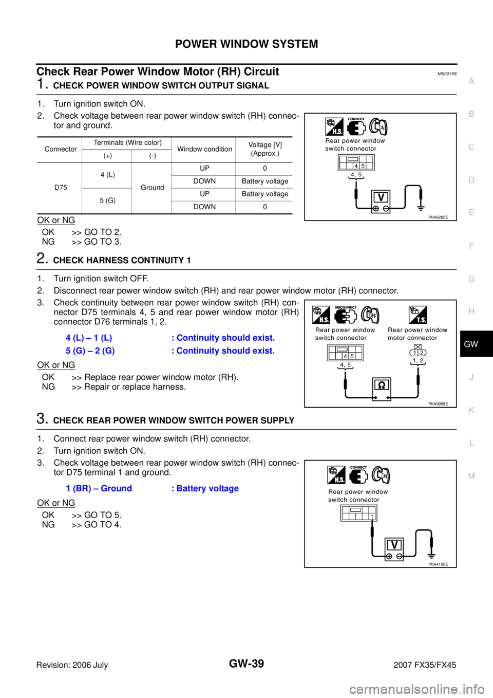 INFINITI FX35 2007 Service Manual POWER WINDOW SYSTEM GW-39
C
D E
F
G H
J
K L
M A
B
GW
Revision: 2006 July 2007 FX35/FX45
Check Rear Power Window Motor (RH) CircuitNIS001RE
1. CHECK POWER WINDOW SWITCH OUTPUT SIGNAL
1. T INFINITI FX35 2007 Service Manual POWER WINDOW SYSTEM GW-39
C
D E
F
G H
J
K L
M A
B
GW
Revision: 2006 July 2007 FX35/FX45
Check Rear Power Window Motor (RH) CircuitNIS001RE
1. CHECK POWER WINDOW SWITCH OUTPUT SIGNAL
1. T