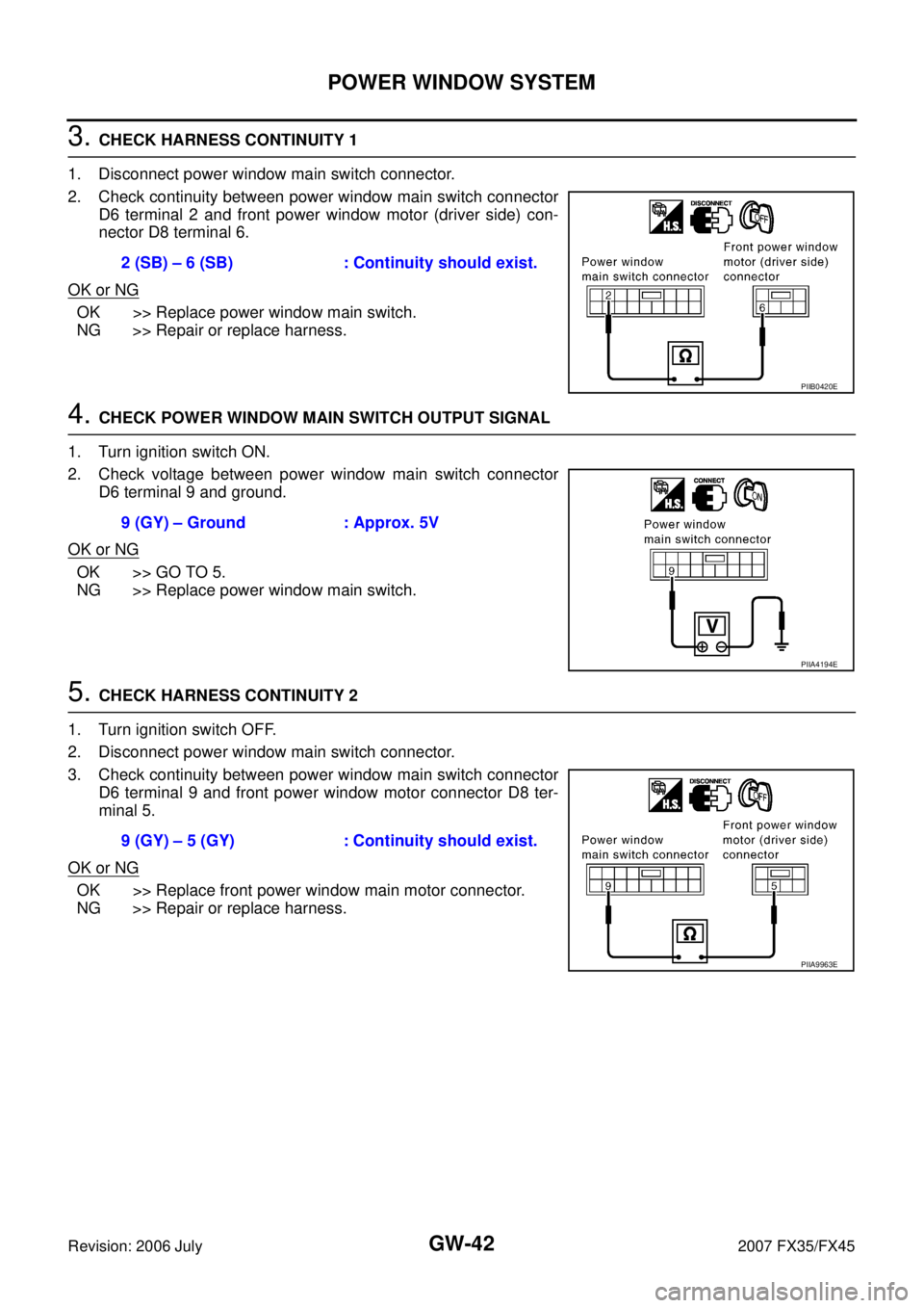INFINITI FX35 2007 Service Manual GW-42
POWER WINDOW SYSTEM
Revision: 2006 July 2007 FX35/FX45
3. CHECK HARNESS CONTINUITY 1
1. Disconnect power window main switch connector.
2. Check continuity between power window main switch conn INFINITI FX35 2007 Service Manual GW-42
POWER WINDOW SYSTEM
Revision: 2006 July 2007 FX35/FX45
3. CHECK HARNESS CONTINUITY 1
1. Disconnect power window main switch connector.
2. Check continuity between power window main switch conn