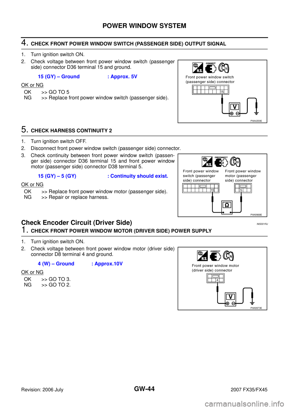 INFINITI FX35 2007  Service Manual GW-44
POWER WINDOW SYSTEM
Revision: 2006 July 2007 FX35/FX45
4. CHECK FRONT POWER WINDOW SWITCH (PASSENGER SIDE) OUTPUT SIGNAL 
1. Turn ignition switch ON. 
2. Check voltage between front power window