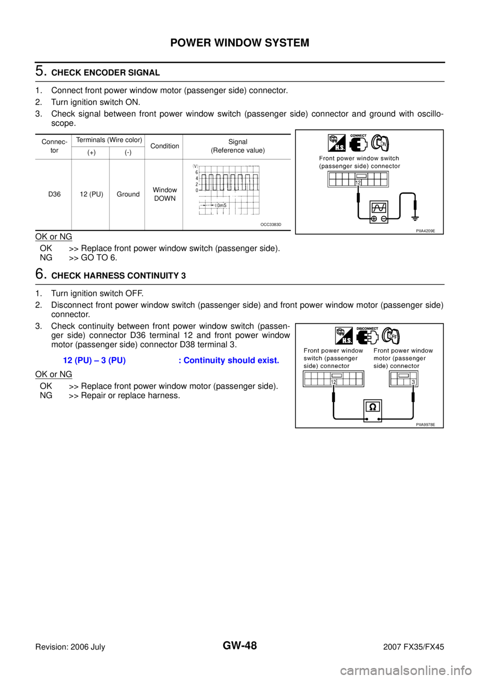 INFINITI FX35 2007  Service Manual GW-48
POWER WINDOW SYSTEM
Revision: 2006 July 2007 FX35/FX45
5. CHECK ENCODER SIGNAL 
1. Connect front power window motor (passenger side) connector. 
2. Turn ignition switch ON.
3. Check signal betwe