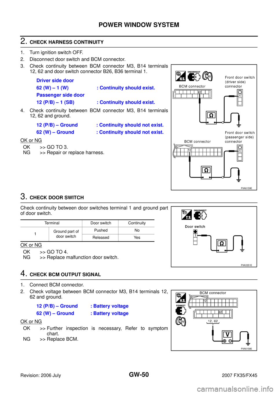INFINITI FX35 2007  Service Manual GW-50
POWER WINDOW SYSTEM
Revision: 2006 July 2007 FX35/FX45
2. CHECK HARNESS CONTINUITY 
1. Turn ignition switch OFF. 
2. Disconnect door switch and BCM connector.
3. Check continuity between BCM con