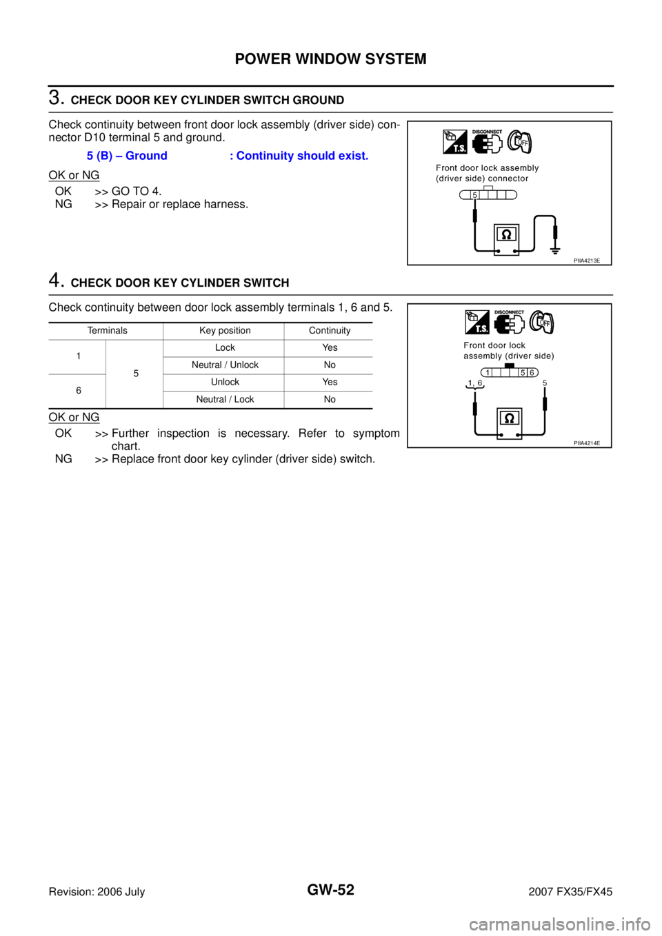 INFINITI FX35 2007  Service Manual GW-52
POWER WINDOW SYSTEM
Revision: 2006 July 2007 FX35/FX45
3. CHECK DOOR KEY CYLINDER SWITCH GROUND  
Check continuity between front door lock assembly (driver side) con- 
nector D10 terminal 5 and 