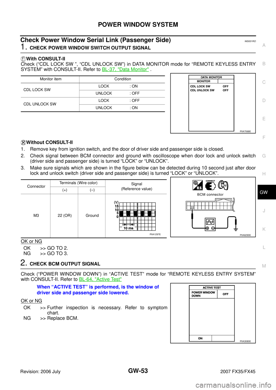 INFINITI FX35 2007  Service Manual POWER WINDOW SYSTEM GW-53
C 
D  E 
F 
G  H 
J 
K  L 
M  A 
B
GW 
Revision: 2006 July  2007 FX35/FX45
Check Power Window Serial Link (Passenger Side)NIS001RO
1. CHECK POWER WINDOW SWITCH OUTPUT SIGNAL 