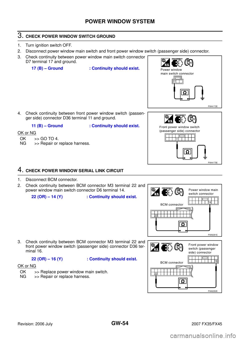 INFINITI FX35 2007 Service Manual GW-54
POWER WINDOW SYSTEM
Revision: 2006 July 2007 FX35/FX45
3. CHECK POWER WINDOW SWITCH GROUND
1. Turn ignition switch OFF.
2. Disconnect power window main switch and front power window switch (p INFINITI FX35 2007 Service Manual GW-54
POWER WINDOW SYSTEM
Revision: 2006 July 2007 FX35/FX45
3. CHECK POWER WINDOW SWITCH GROUND
1. Turn ignition switch OFF.
2. Disconnect power window main switch and front power window switch (p