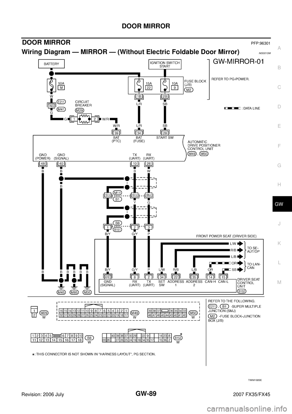 INFINITI FX35 2007  Service Manual DOOR MIRROR GW-89
C 
D  E 
F 
G  H 
J 
K  L 
M  A 
B
GW 
Revision: 2006 July  2007 FX35/FX45
DOOR MIRRORPFP:96301
Wiring Diagram — MIRROR — (Without Electric Foldable Door Mirror)NIS001SM
TIWM1689