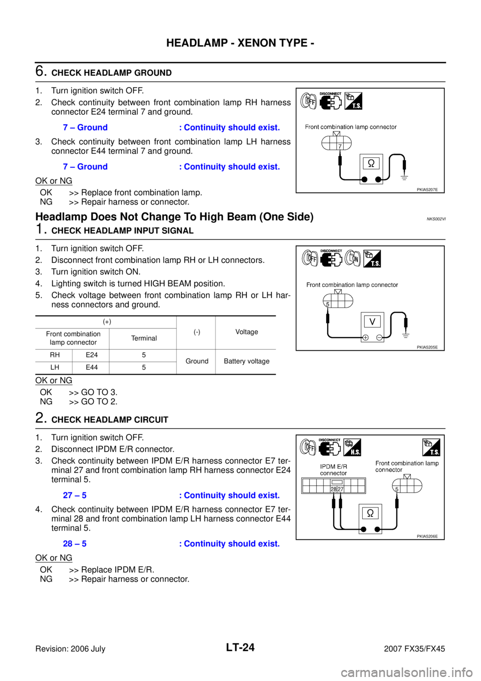 INFINITI FX35 2007 Service Manual LT-24
HEADLAMP - XENON TYPE -
Revision: 2006 July 2007 FX35/FX45
6. CHECK HEADLAMP GROUND
1. Turn ignition switch OFF.
2. Check continuity between front combination lamp RH harness connector E24 t INFINITI FX35 2007 Service Manual LT-24
HEADLAMP - XENON TYPE -
Revision: 2006 July 2007 FX35/FX45
6. CHECK HEADLAMP GROUND
1. Turn ignition switch OFF.
2. Check continuity between front combination lamp RH harness connector E24 t