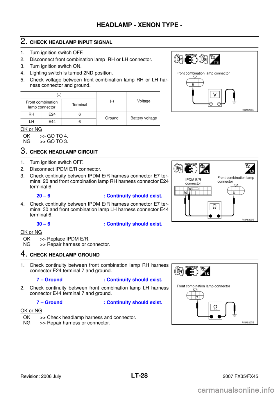 INFINITI FX35 2007 Service Manual LT-28
HEADLAMP - XENON TYPE -
Revision: 2006 July 2007 FX35/FX45
2. CHECK HEADLAMP INPUT SIGNAL
1. Turn ignition switch OFF.
2. Disconnect front combination lamp RH or LH connector.
3. Turn igniti INFINITI FX35 2007 Service Manual LT-28
HEADLAMP - XENON TYPE -
Revision: 2006 July 2007 FX35/FX45
2. CHECK HEADLAMP INPUT SIGNAL
1. Turn ignition switch OFF.
2. Disconnect front combination lamp RH or LH connector.
3. Turn igniti