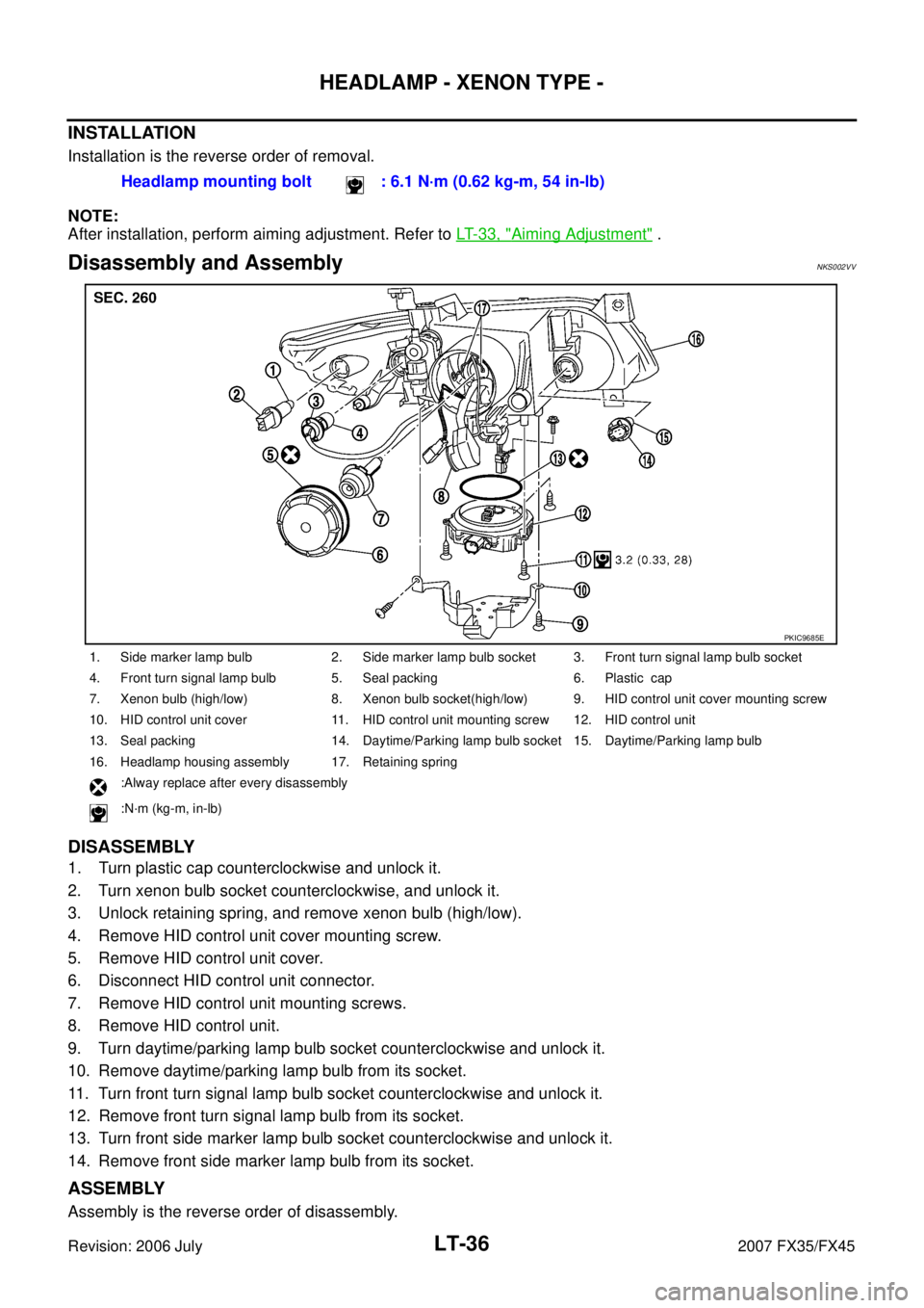 INFINITI FX35 2007 Service Manual LT-36
HEADLAMP - XENON TYPE -
Revision: 2006 July 2007 FX35/FX45
INSTALLATION
Installation is the reverse order of removal.
NOTE:
After installation, perform aiming adjustment. Refer to LT- 3 3 , INFINITI FX35 2007 Service Manual LT-36
HEADLAMP - XENON TYPE -
Revision: 2006 July 2007 FX35/FX45
INSTALLATION
Installation is the reverse order of removal.
NOTE:
After installation, perform aiming adjustment. Refer to LT- 3 3 ,