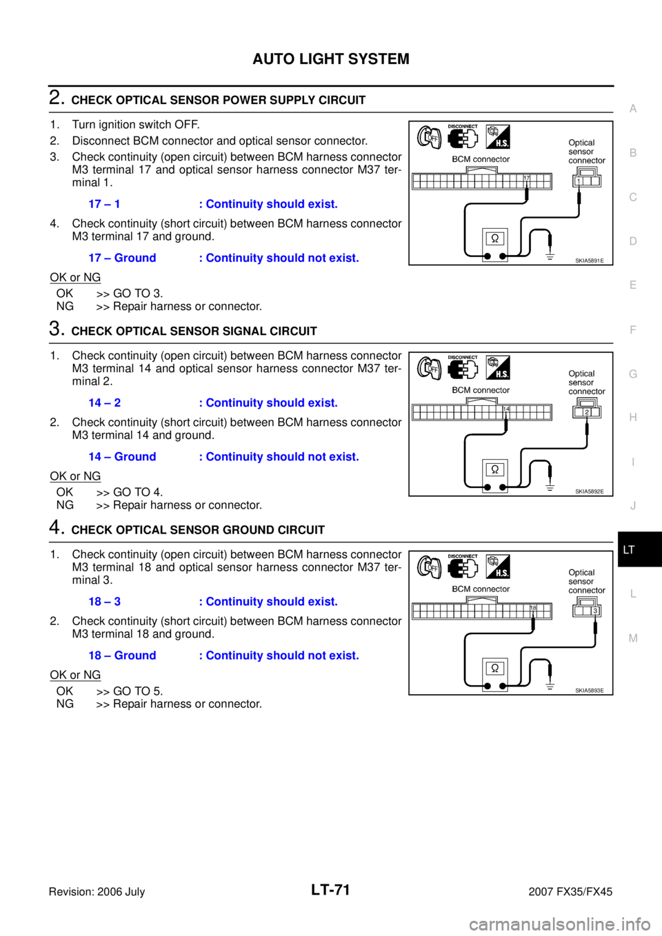 INFINITI FX35 2007 Service Manual AUTO LIGHT SYSTEM LT-71
C
D E
F
G H
I
J
L
M A
B
LT
Revision: 2006 July 2007 FX35/FX45
2. CHECK OPTICAL SENSOR POWER SUPPLY CIRCUIT
1. Turn ignition switch OFF.
2. Disconnect BCM connec INFINITI FX35 2007 Service Manual AUTO LIGHT SYSTEM LT-71
C
D E
F
G H
I
J
L
M A
B
LT
Revision: 2006 July 2007 FX35/FX45
2. CHECK OPTICAL SENSOR POWER SUPPLY CIRCUIT
1. Turn ignition switch OFF.
2. Disconnect BCM connec