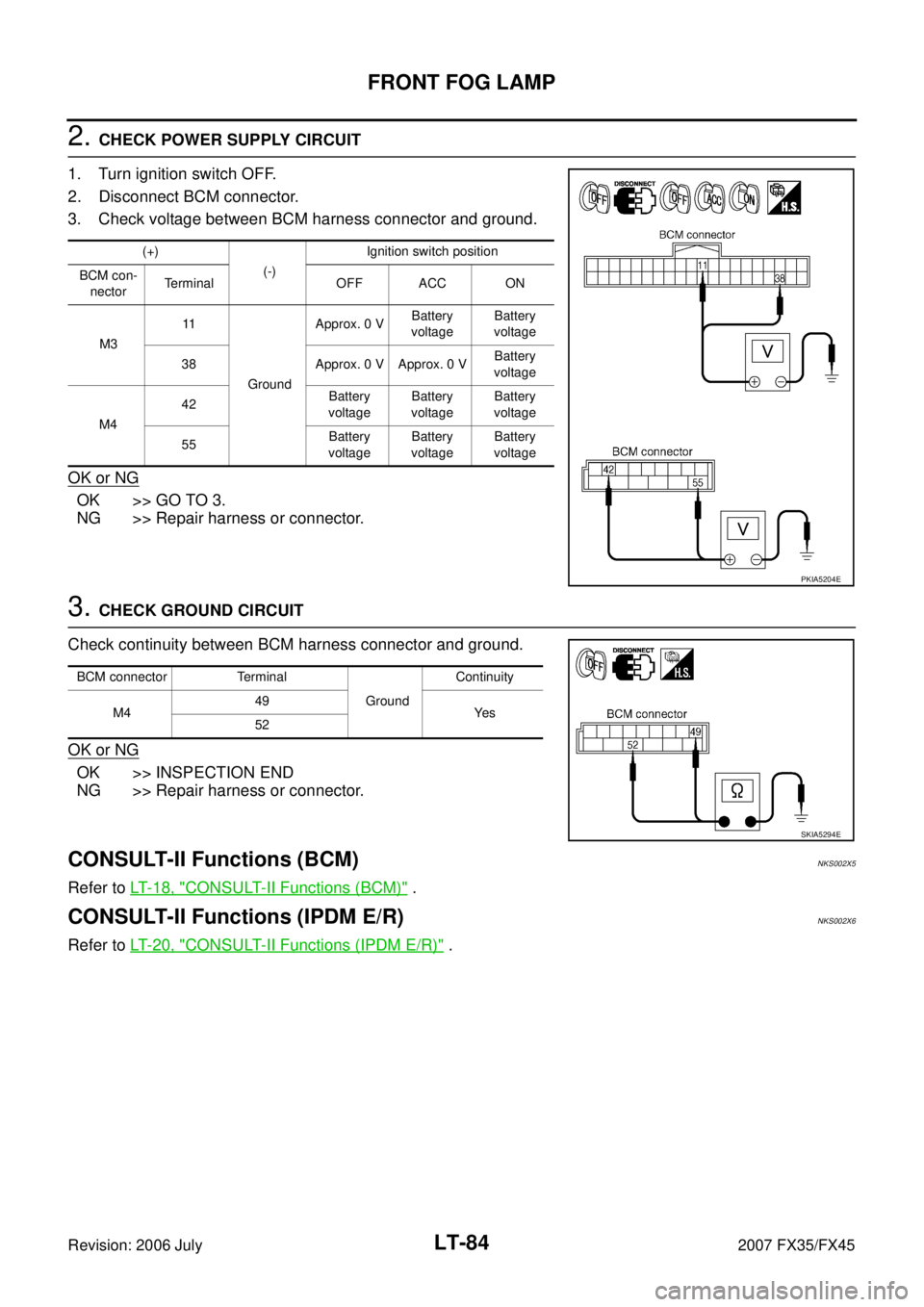 INFINITI FX35 2007  Service Manual LT-84
FRONT FOG LAMP
Revision: 2006 July 2007 FX35/FX45
2. CHECK POWER SUPPLY CIRCUIT  
1. Turn ignition switch OFF. 
2. Disconnect BCM connector.
3. Check voltage between BCM harness connector and gr