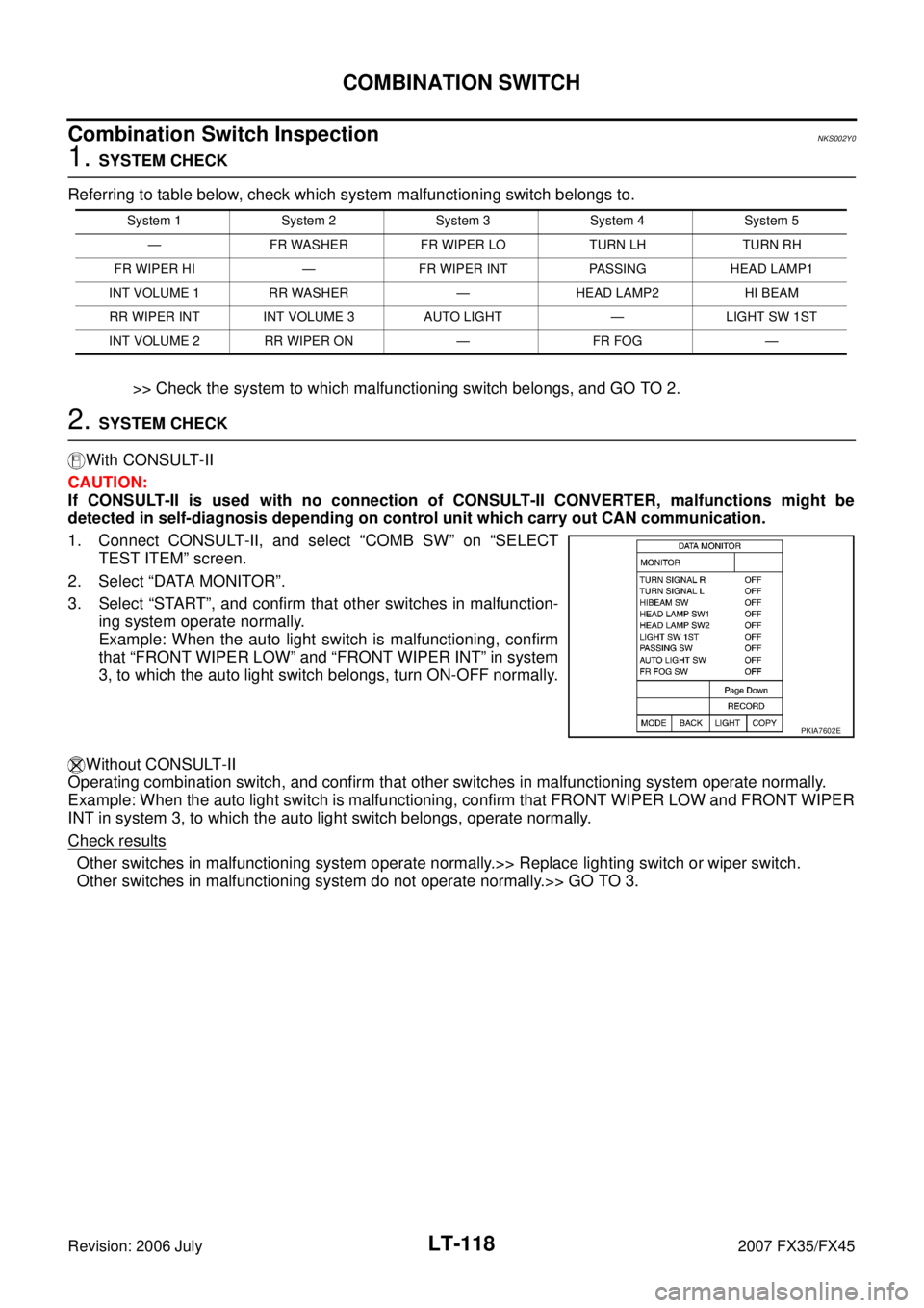 INFINITI FX35 2007 Service Manual LT-118
COMBINATION SWITCH
Revision: 2006 July 2007 FX35/FX45
Combination Switch InspectionNKS002Y0
1. SYSTEM CHECK
Referring to table below, check which system malfunctioning switch belongs to.
>> C INFINITI FX35 2007 Service Manual LT-118
COMBINATION SWITCH
Revision: 2006 July 2007 FX35/FX45
Combination Switch InspectionNKS002Y0
1. SYSTEM CHECK
Referring to table below, check which system malfunctioning switch belongs to.
>> C