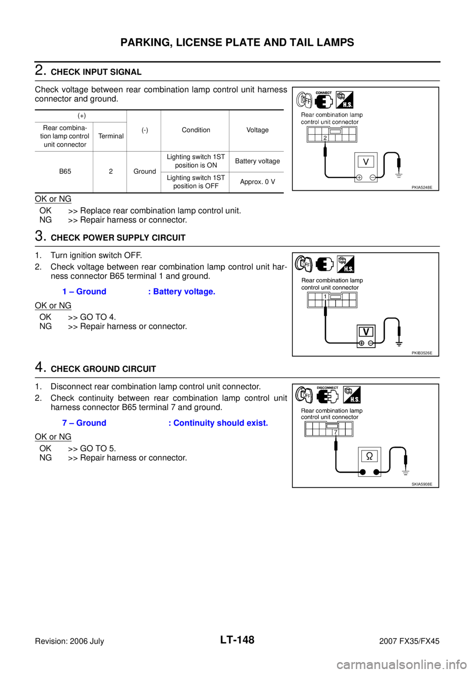 INFINITI FX35 2007 Service Manual LT-148
PARKING, LICENSE PLATE AND TAIL LAMPS
Revision: 2006 July 2007 FX35/FX45
2. CHECK INPUT SIGNAL
Check voltage between rear combination lamp control unit harness
connector and ground.
OK or NG INFINITI FX35 2007 Service Manual LT-148
PARKING, LICENSE PLATE AND TAIL LAMPS
Revision: 2006 July 2007 FX35/FX45
2. CHECK INPUT SIGNAL
Check voltage between rear combination lamp control unit harness
connector and ground.
OK or NG